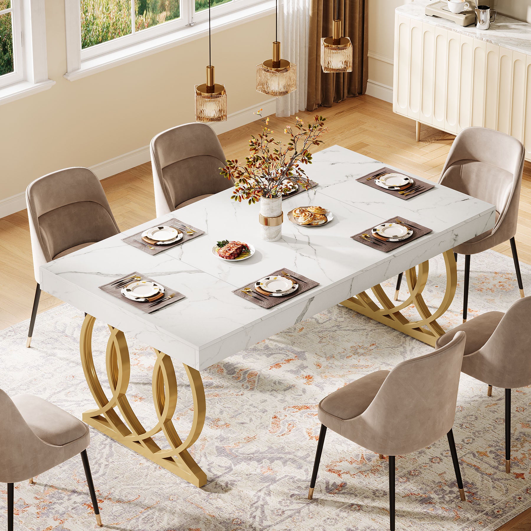 Tribesigns 63-Inch Modern Dining Table for 4-6 People, Faux Marble Kitchen Table with Gold Legs