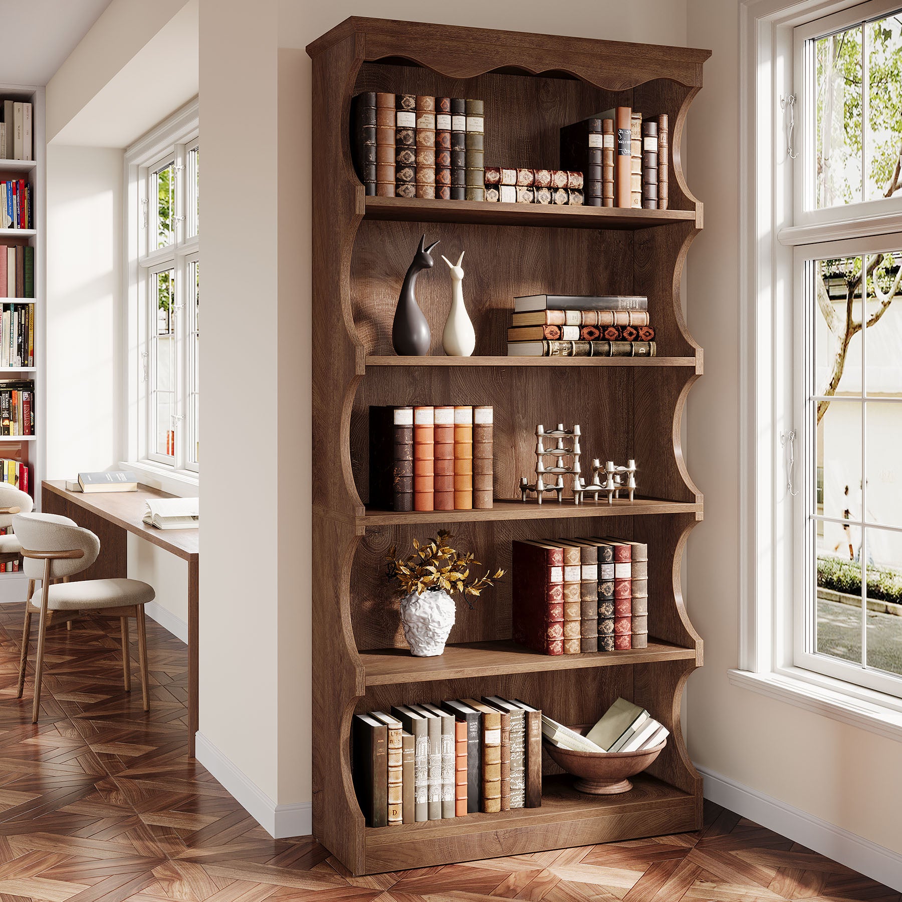 70 Inch Tall Bookcase, 5 Tier Curved Edge Bookshelf with Open Storage for Living Room and Home Office