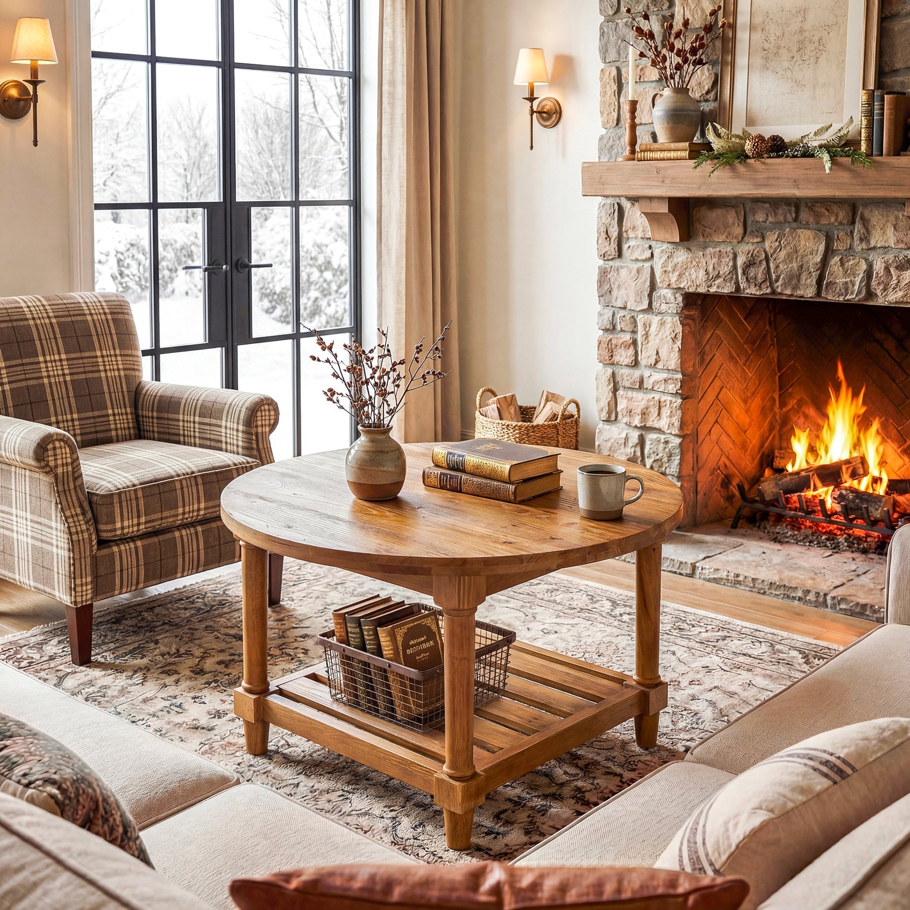 31.5" Round Solid Wood, 2-Tier Coffee Table with Storage