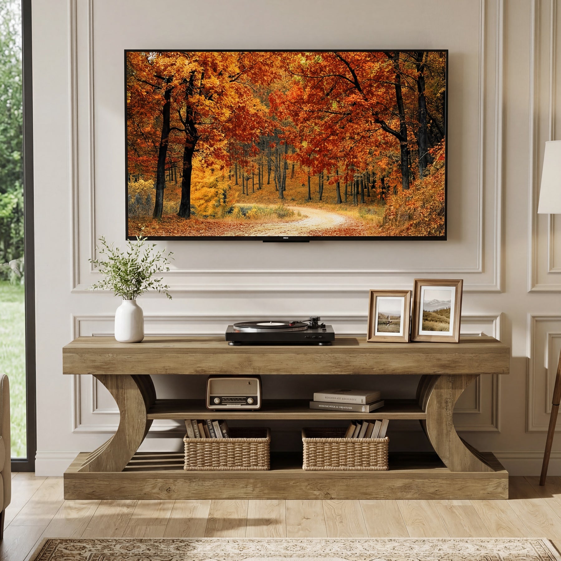 Tribesigns 63-Inch Farmhouse TV Stand with 3-Tier Storage, Curved Media Console for Living Room