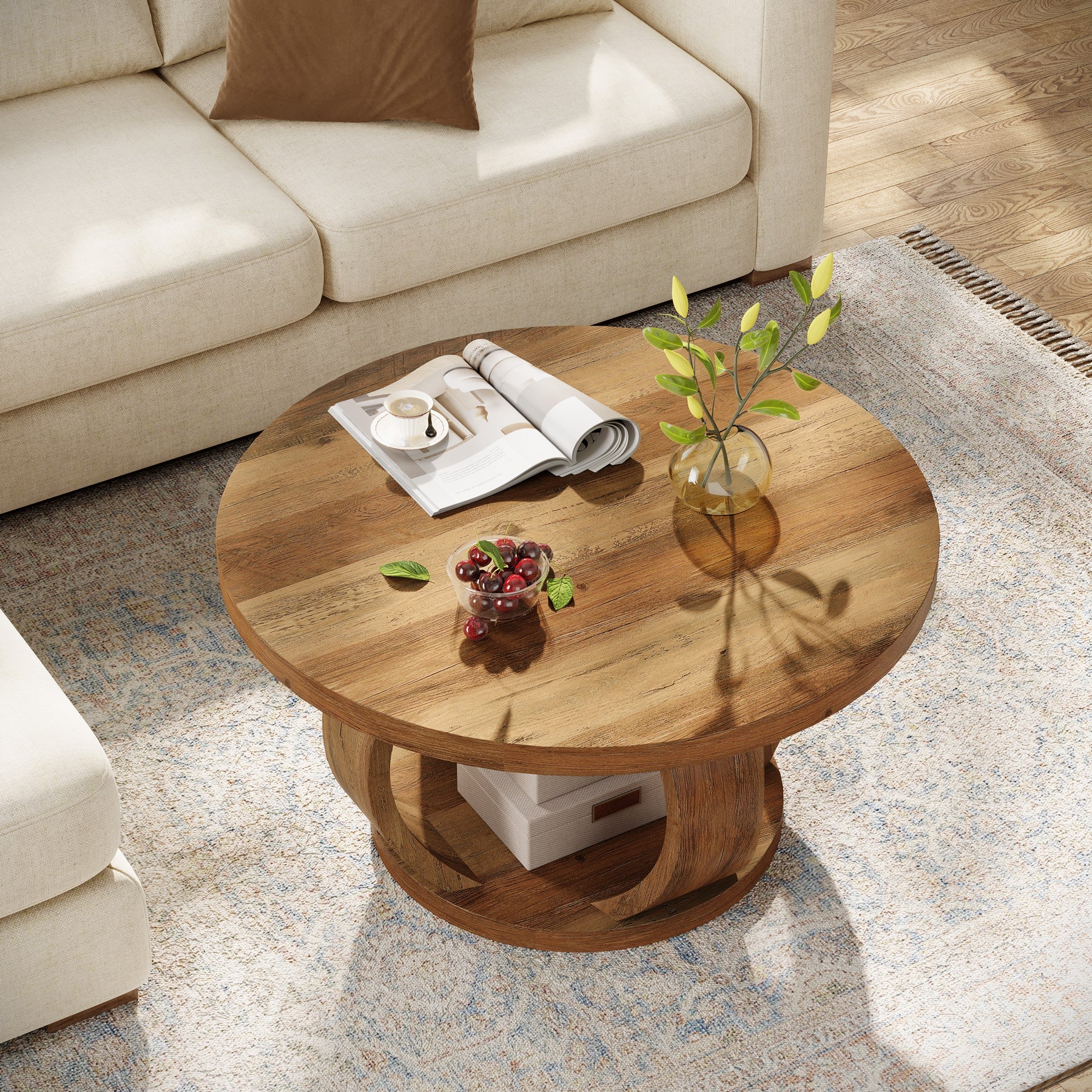 Tribesigns 31.5" Wooden Circle Coffee Table, 2-Tier Storage for Small Spaces