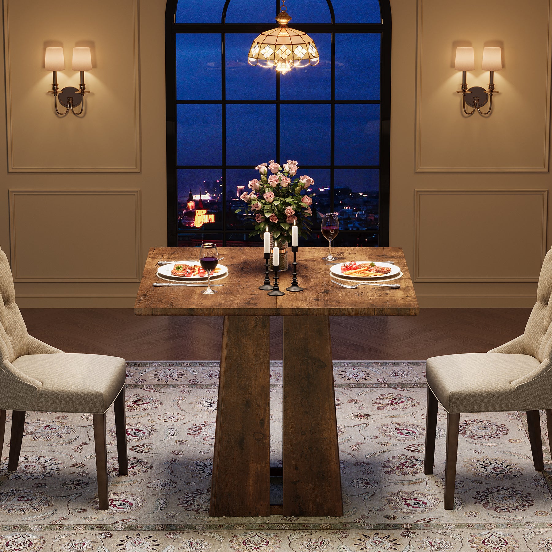 Rustic Square Dining Table, 31.5" Farmhouse Kitchen Table with Heavy-Duty Pedestal Base