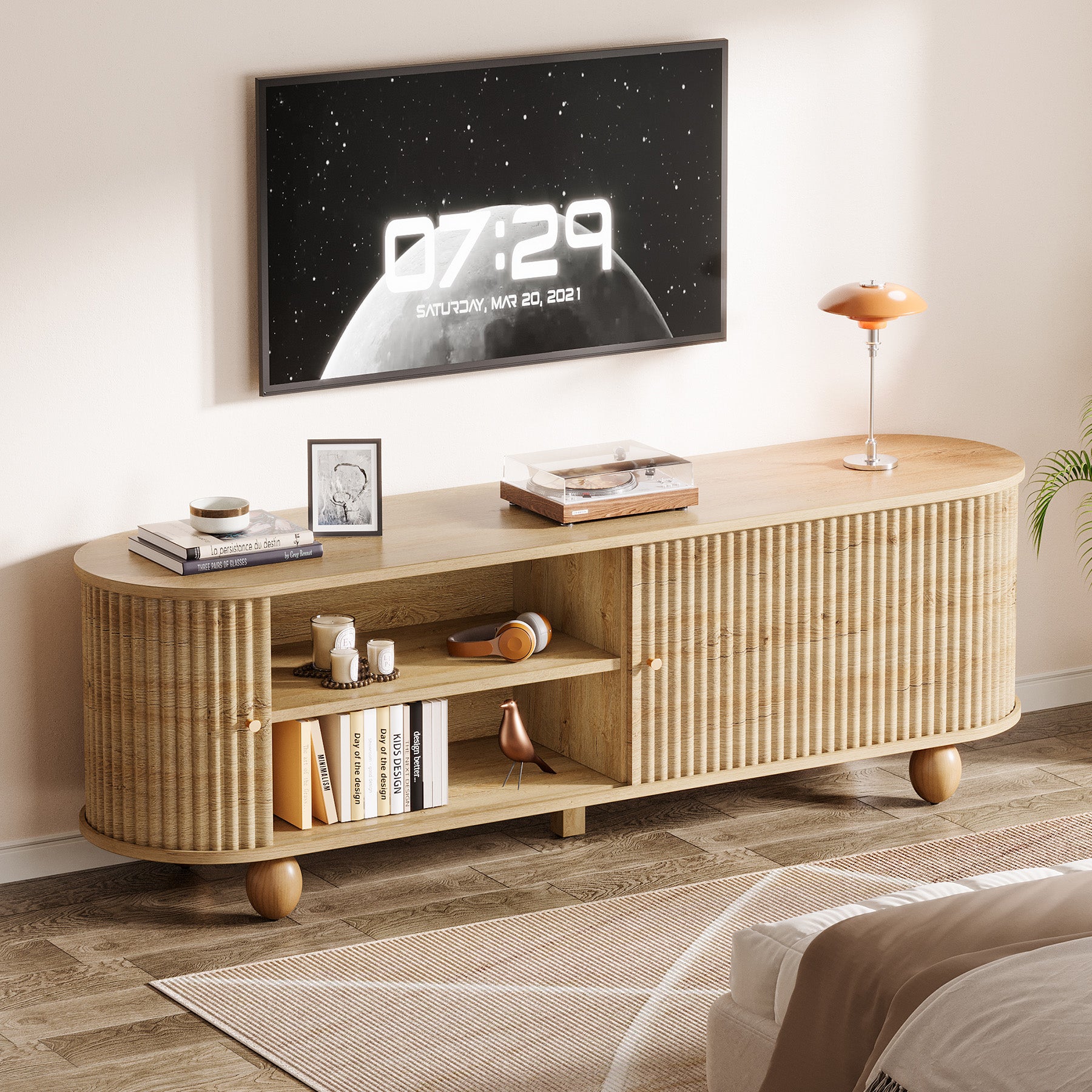 Tribesigns 70.8-Inch Farmhouse Fluted TV Stand with Sliding Doors and Storage Shelves, Extra Long Media Console for 65 70 and 75 Inch TVs