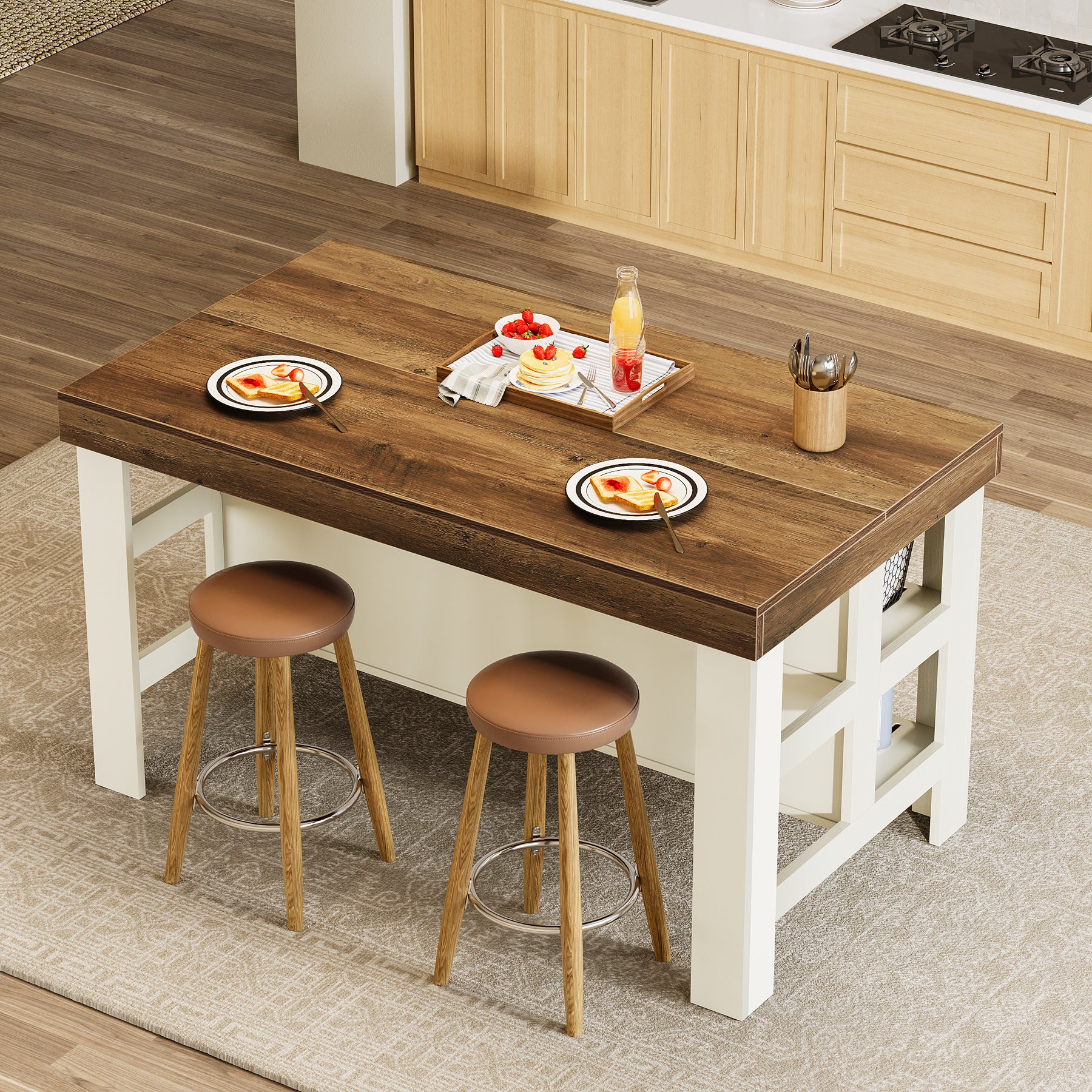 Tribesigns 55.1-Inch Kitchen Island with Seating and Storage Shelves, Farmhouse Breakfast Counter Table for Kitchen and Dining Room