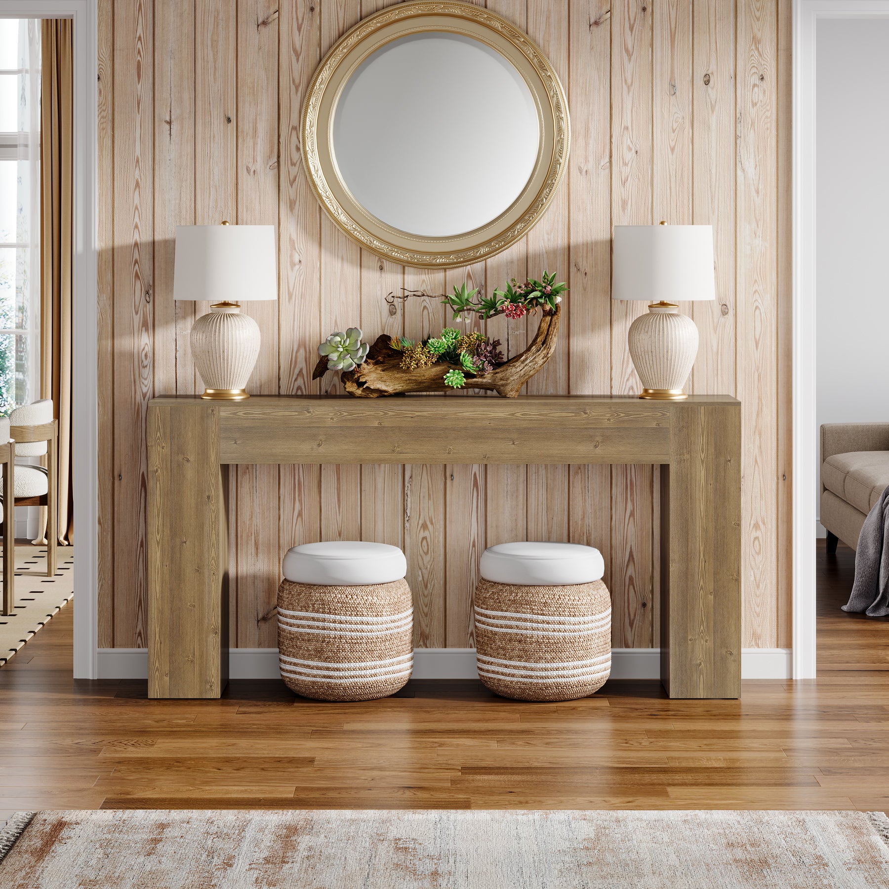 63" Farmhouse Console Table, Narrow Sofa Table with Natural Brown Finish for Entryway