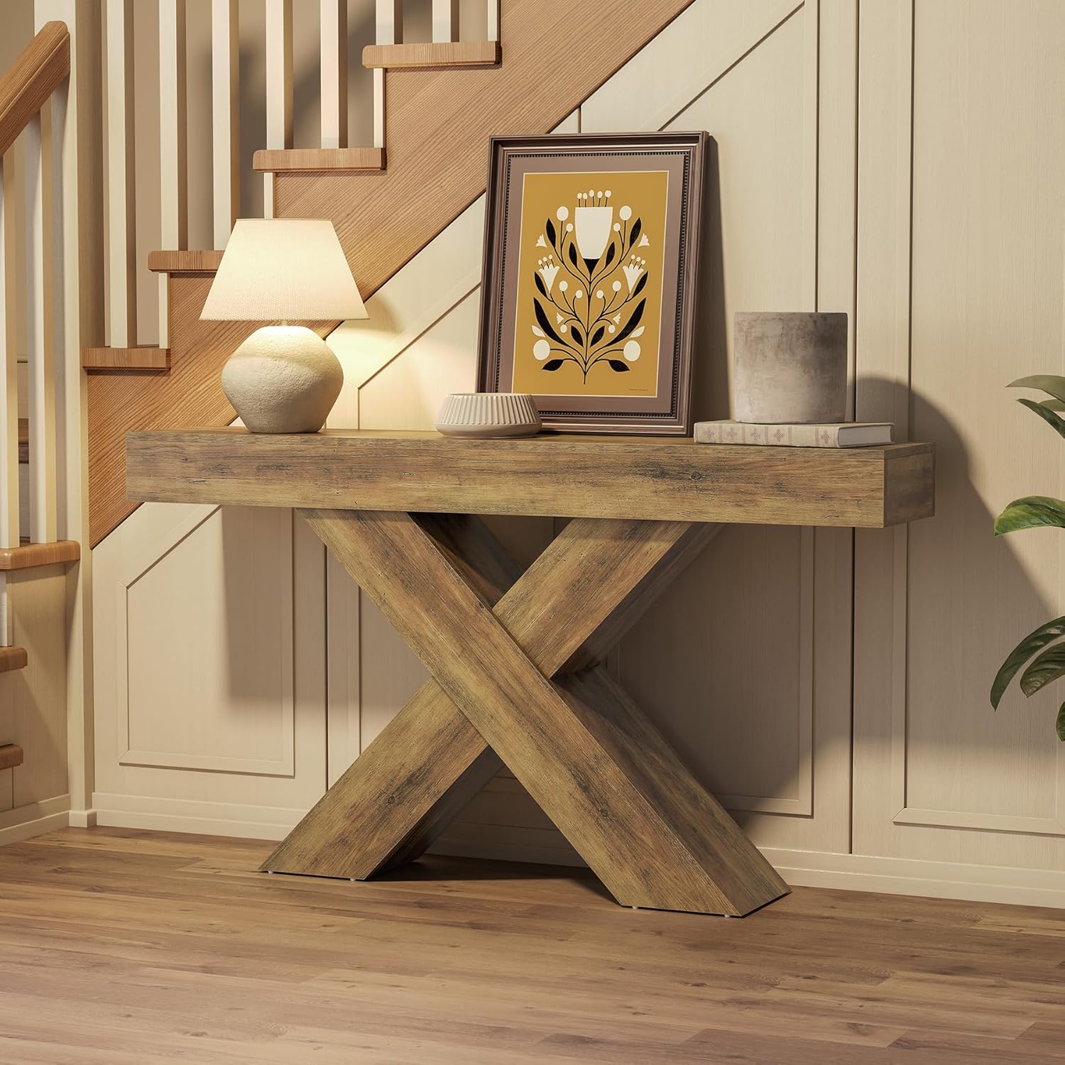 55" Rustic Industrial X-Brace Console Table - Slim Sofa Table for Entryway, Hallway & Living Room in Brown