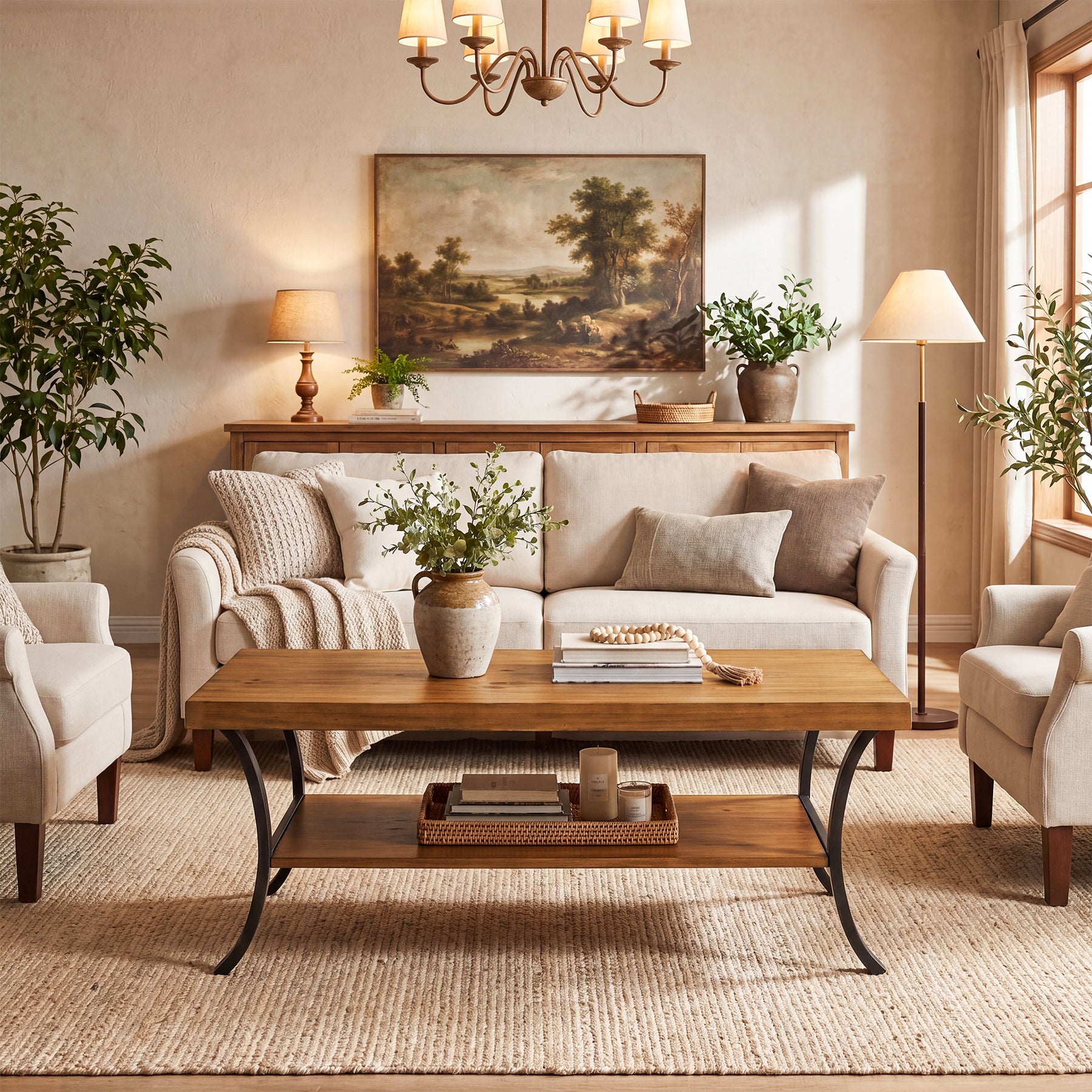 47 Inch Solid Wood Coffee Table, 2-Tier Farmhouse Center Table with Storage Shelf and Curved Metal Legs