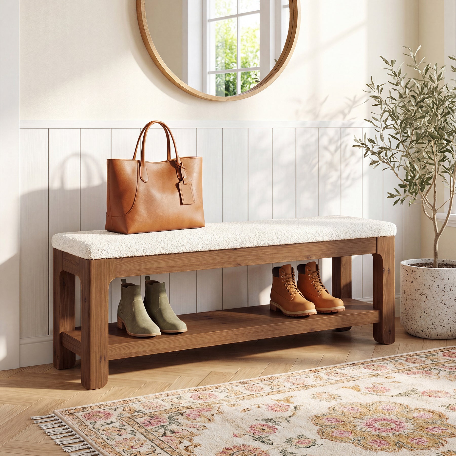 55-Inch Solid Wood Storage Bench with Faux Wool Seat, Entryway Bench for Bedroom