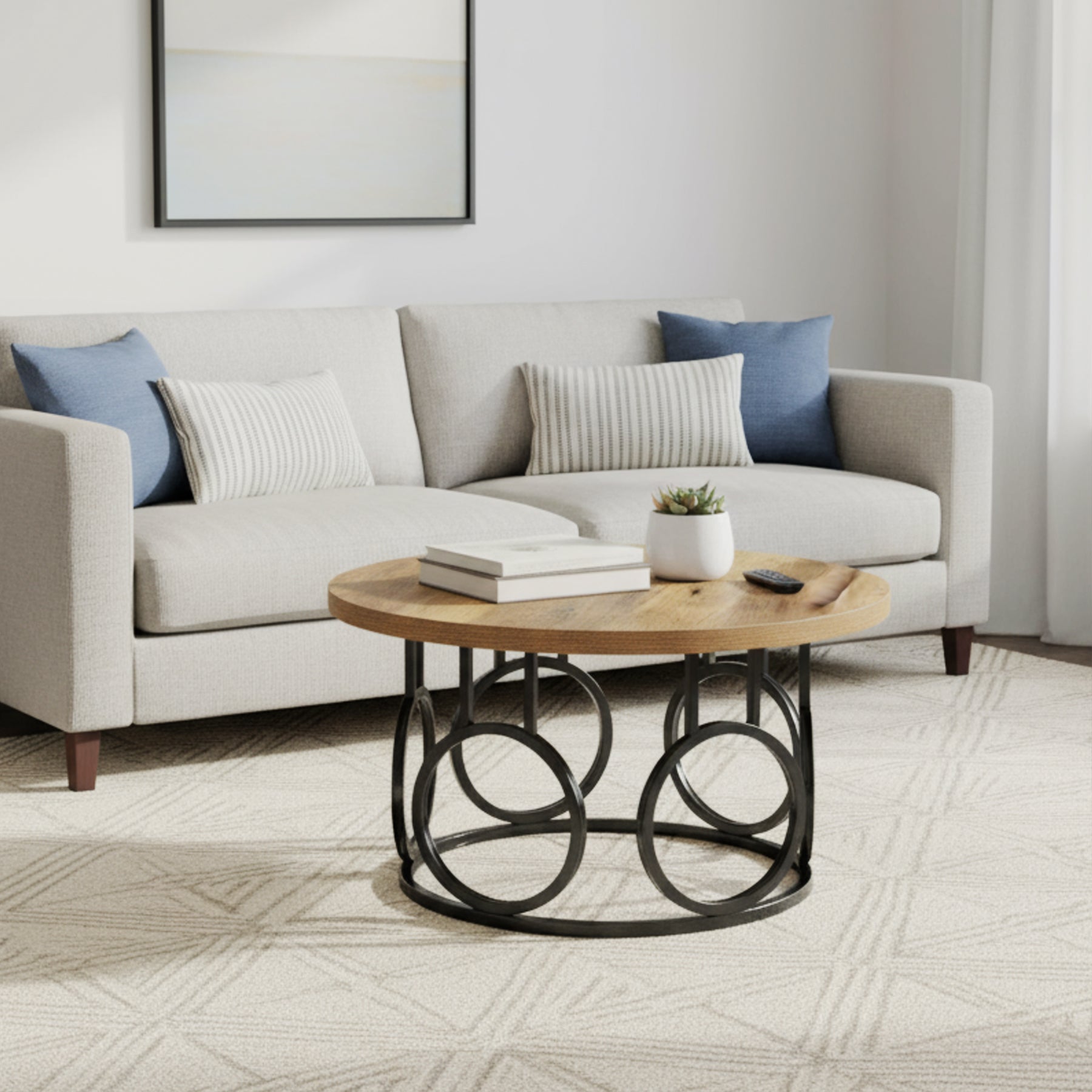 31.5-Inch Round Coffee Table, Rustic Wood Grain and Metal Base with Industrial Design