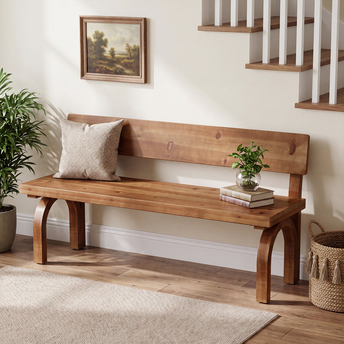 63 Inch Solid Wood Entryway Bench with Backrest, Farmhouse Indoor Bench for Hallway and Bedroom