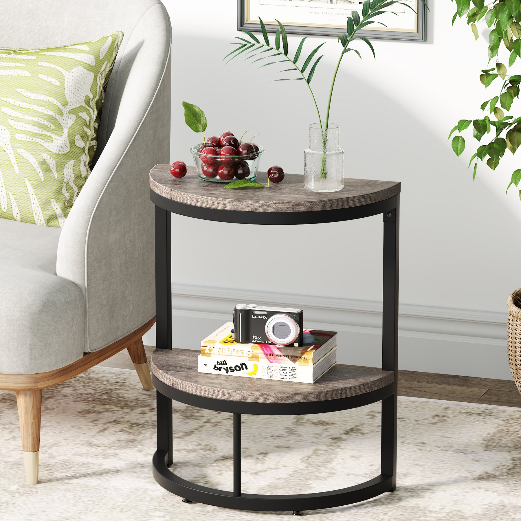 Half Round End Table with Shelf, Farmhouse Narrow Side Table for Sofa Living Room