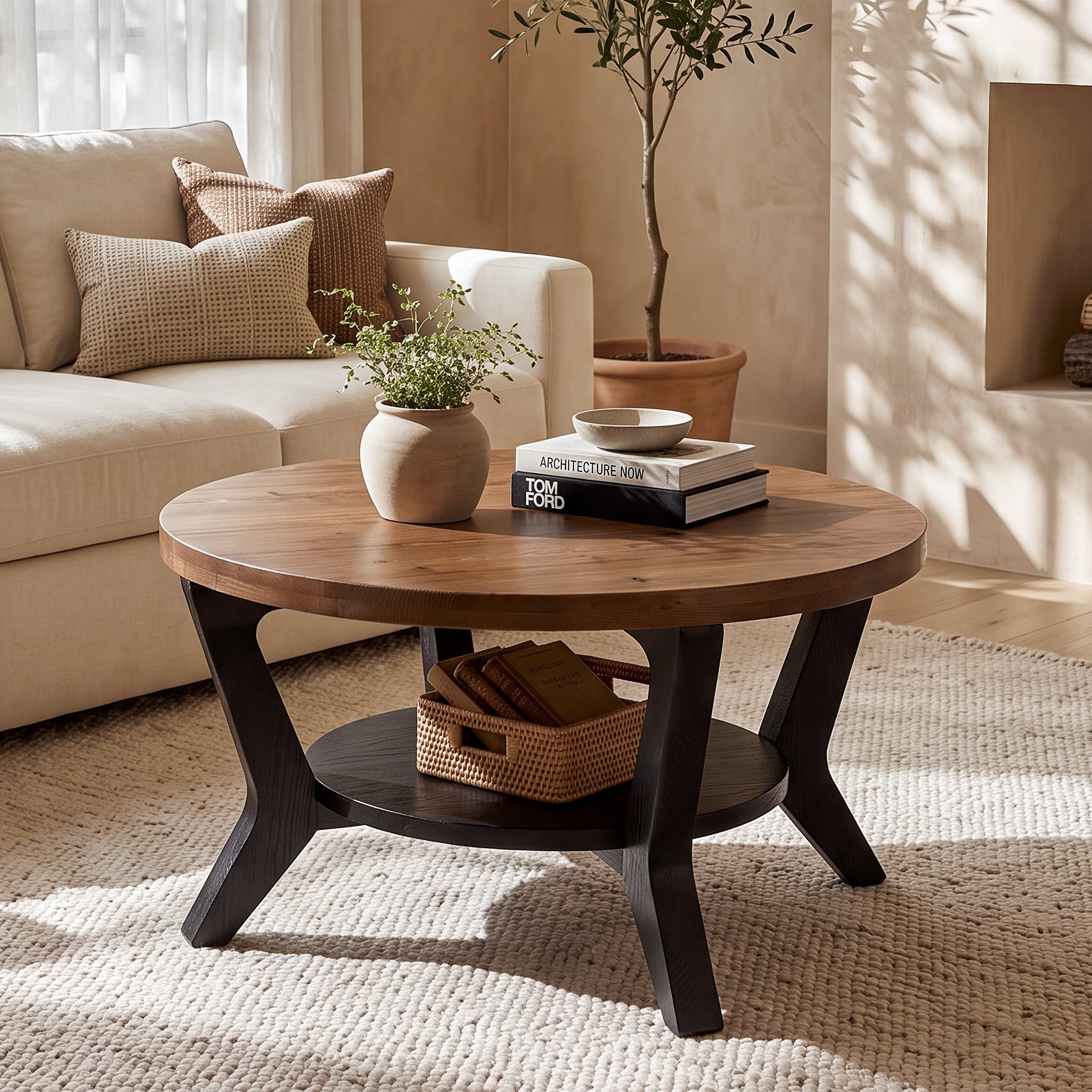 Tribesigns 31.5-Inch Solid Fir Wood Coffee Table with 2-Tier Storage, Round Table for Living Room