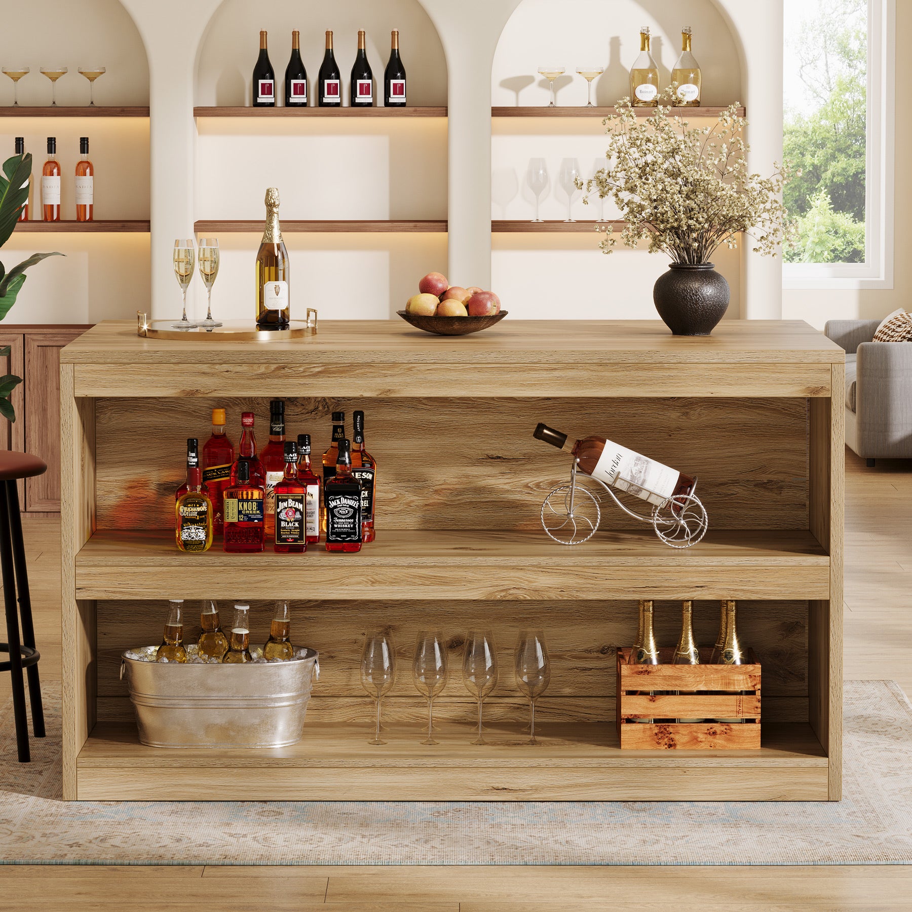 59 Inch Home Bar Table with 2-Tier Shelves, Farmhouse Pub Table for Kitchen and Bistro