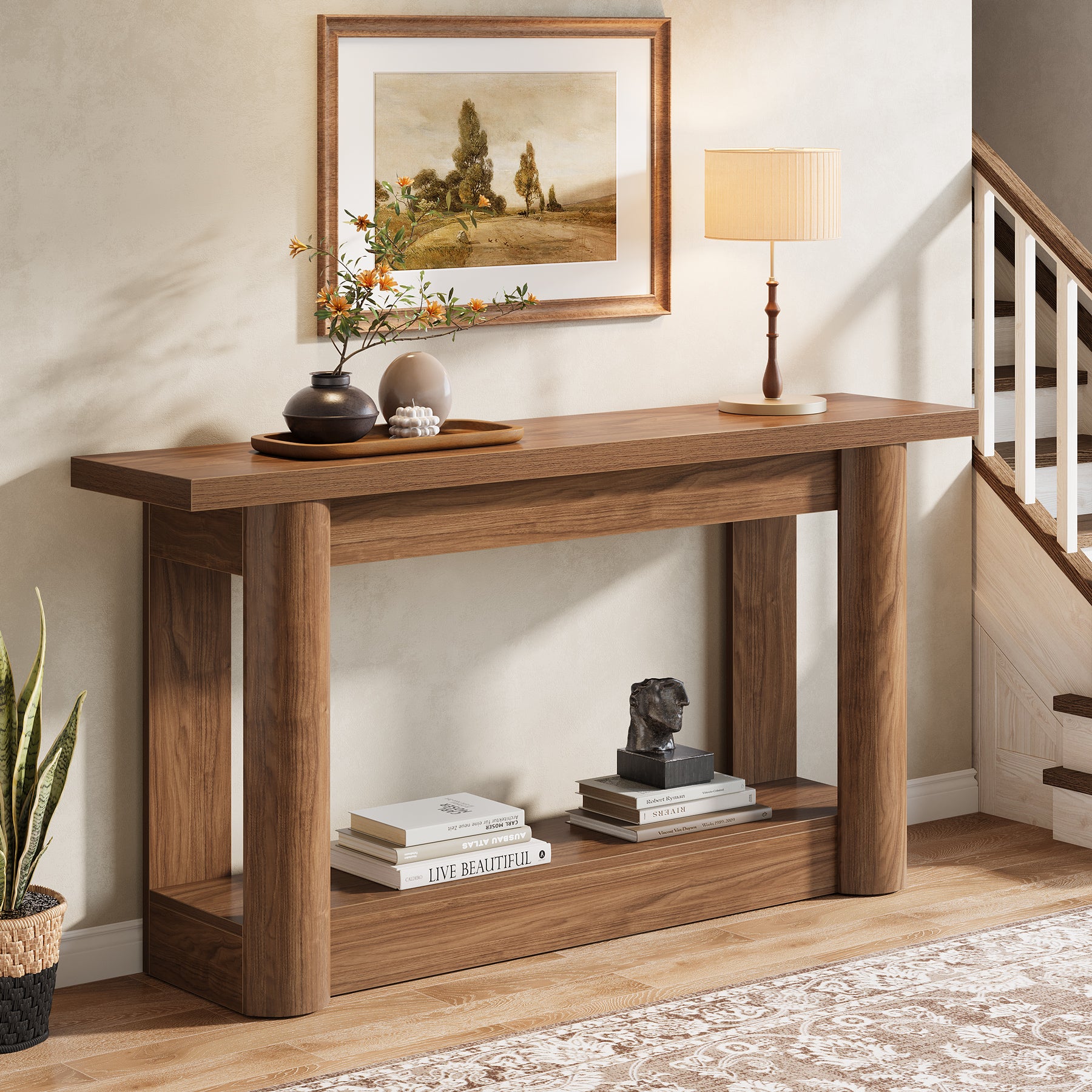 63" Farmhouse Console Table with 2-Tier Storage, Rustic Narrow Sofa Table Behind Couch