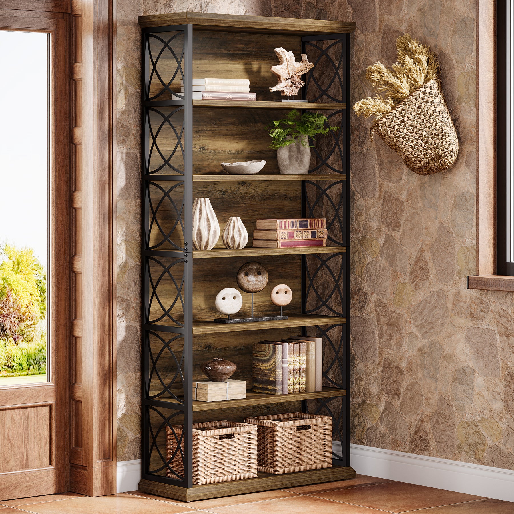 72.83-Inch Industrial Bookshelf with 320 lb Capacity, 6-Tier Wood and Metal Bookcase for Home Office