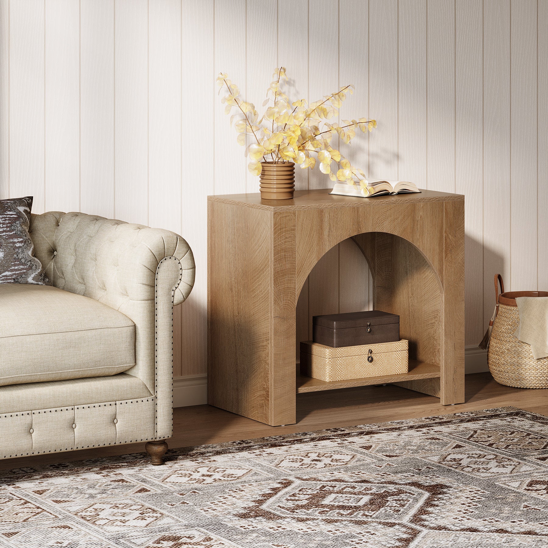 Tribesigns 27.6 Inch Farmhouse Side Table with Storage, Large Wooden End Table with Cabinet Shelf for Living Room