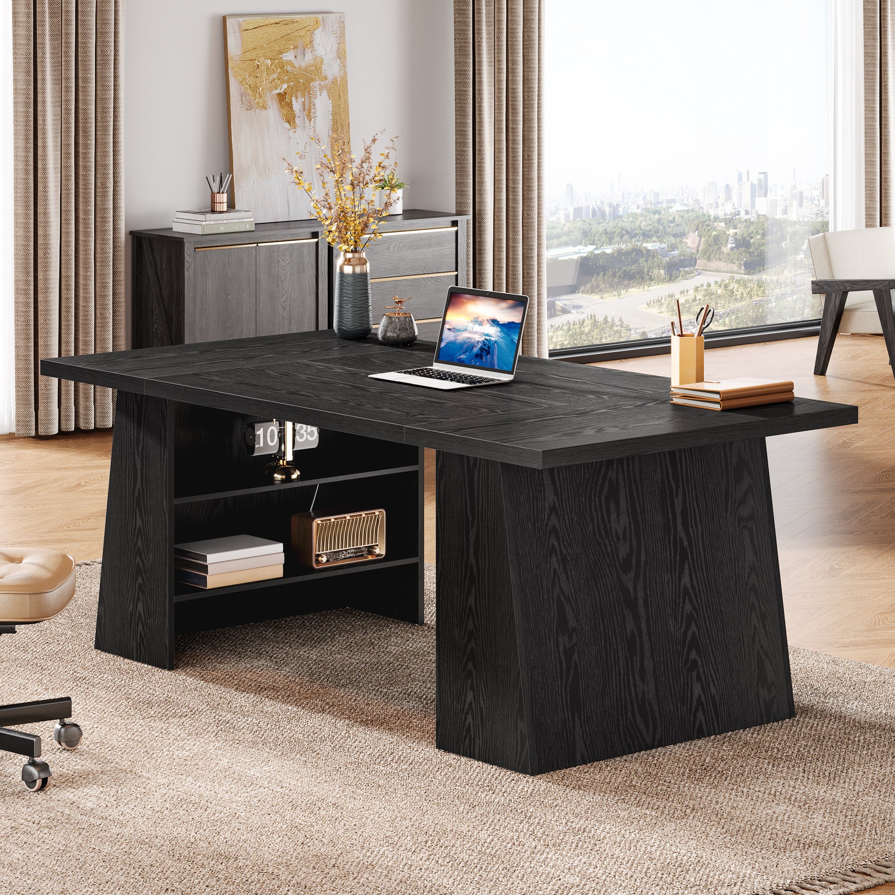 Tribesigns 63-Inch Modern Executive Desk with Storage Shelves, Black Office Desk for Home Office and Business Workstation