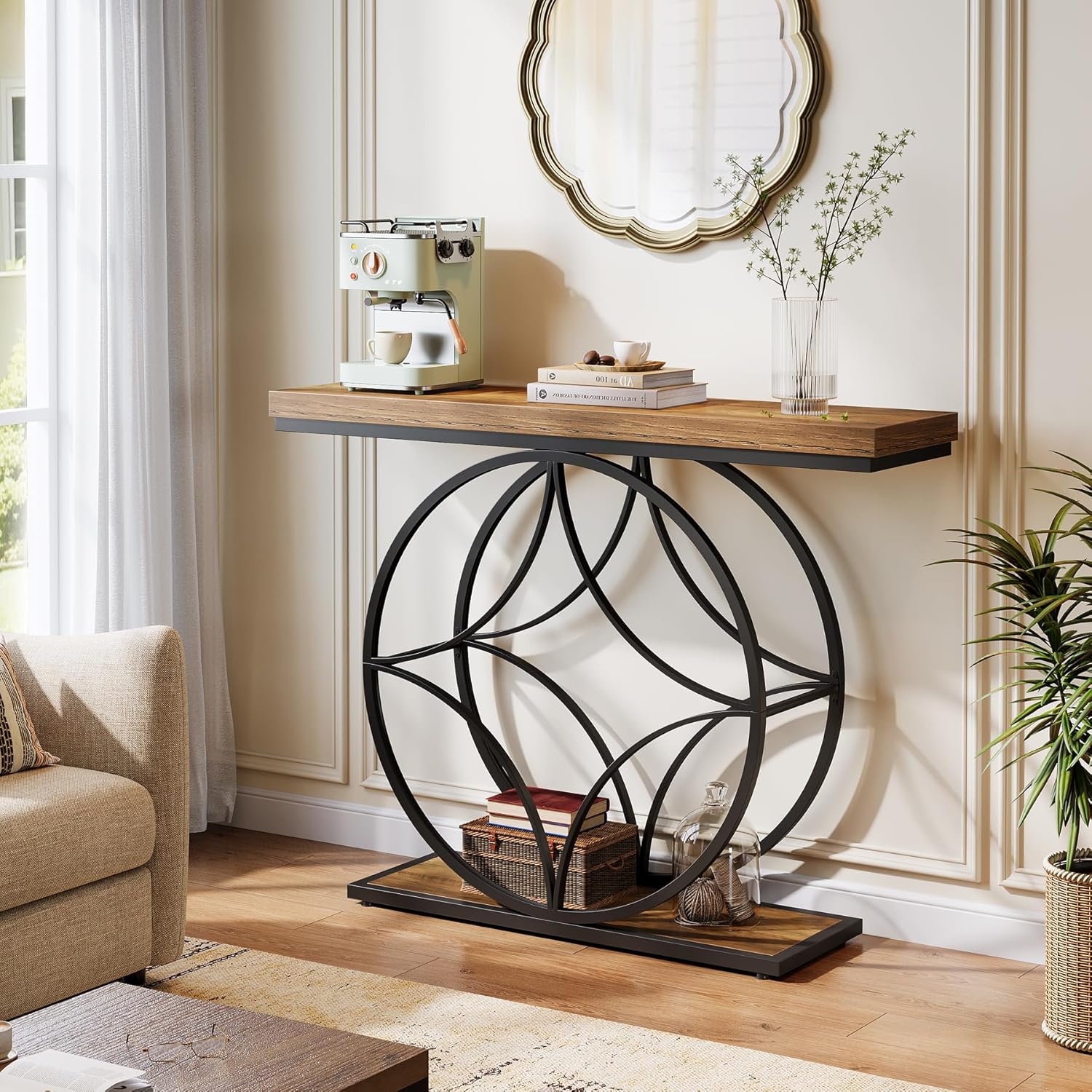47" Industrial Console Table - 2-Tier Sofa Table with Geometric Metal Frame & Storage, Rustic Brown