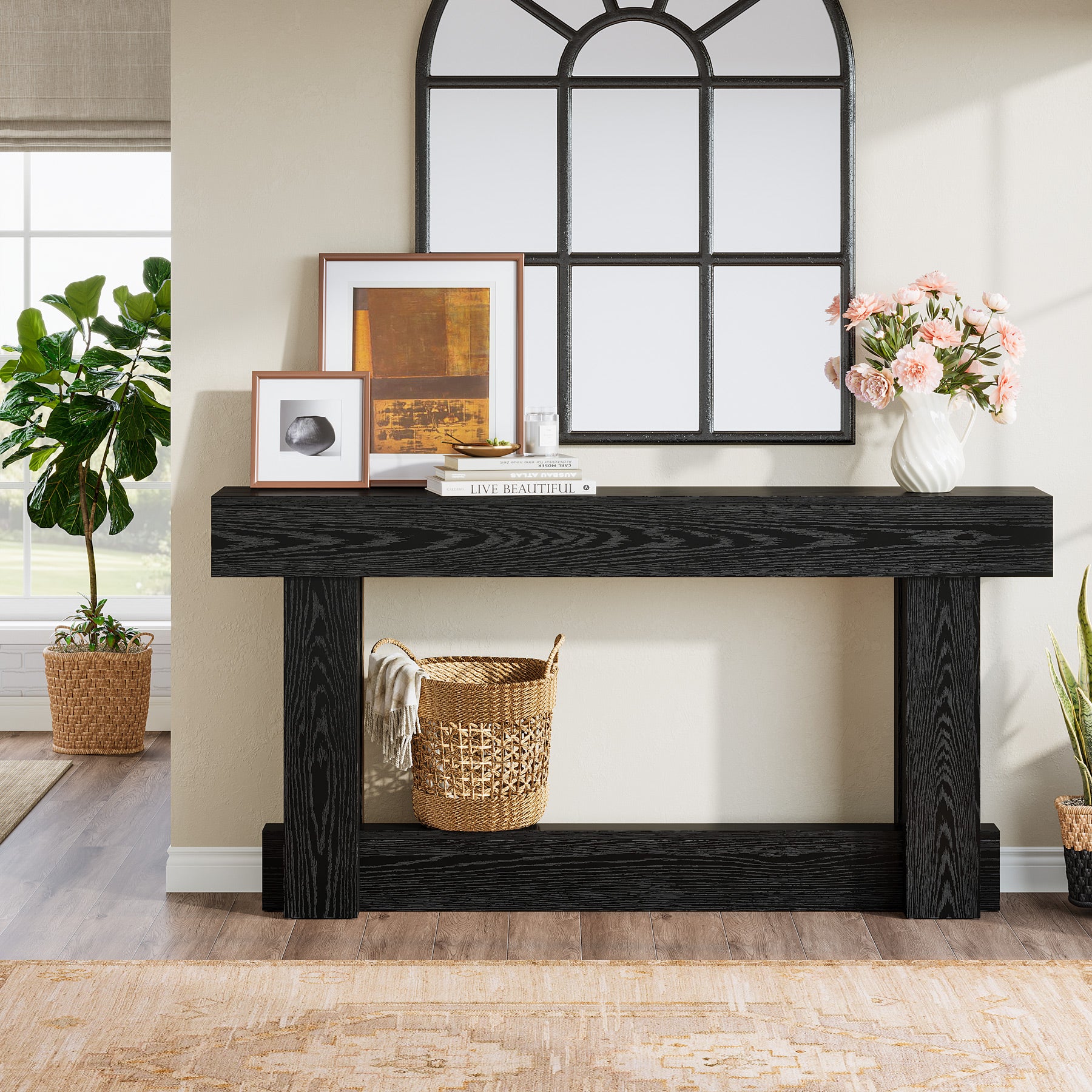 62.99 Inch Wood Console Table, 2-Tier Narrow Long Farmhouse Entryway Table