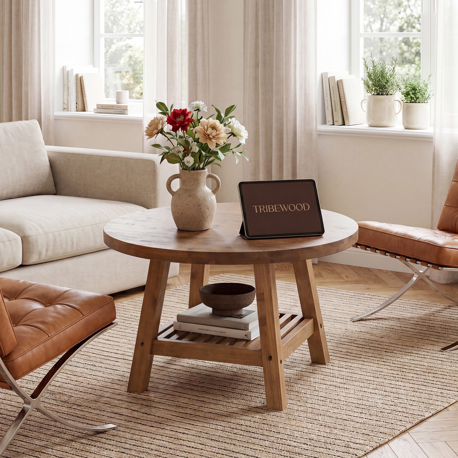 31.5 Inch Solid Wood Round Coffee Table with 2-Tier Storage, Living Room Center Table