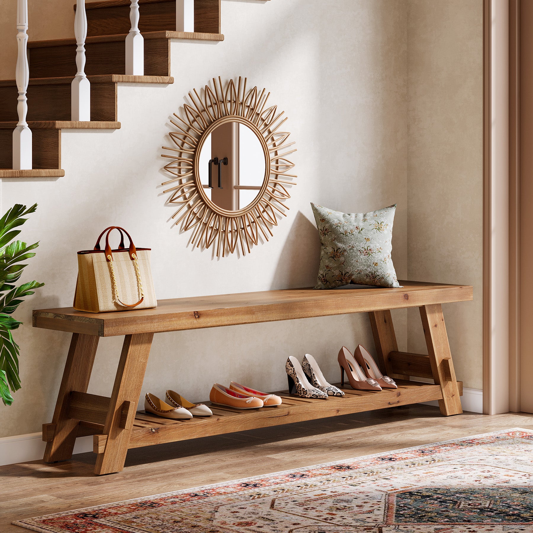 Tribesigns 63 Inch Solid Wood Shoe Storage Bench for 6 Pairs, Farmhouse Entryway Seat with Shelf