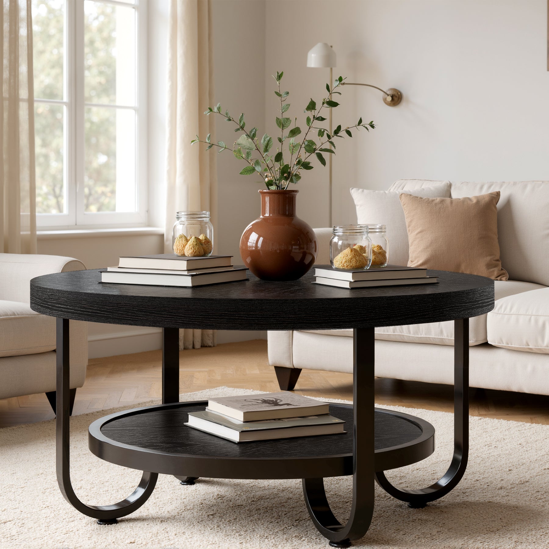 2-Tier Round Coffee Table with Storage, 31.5-Inch Center Cocktail Table