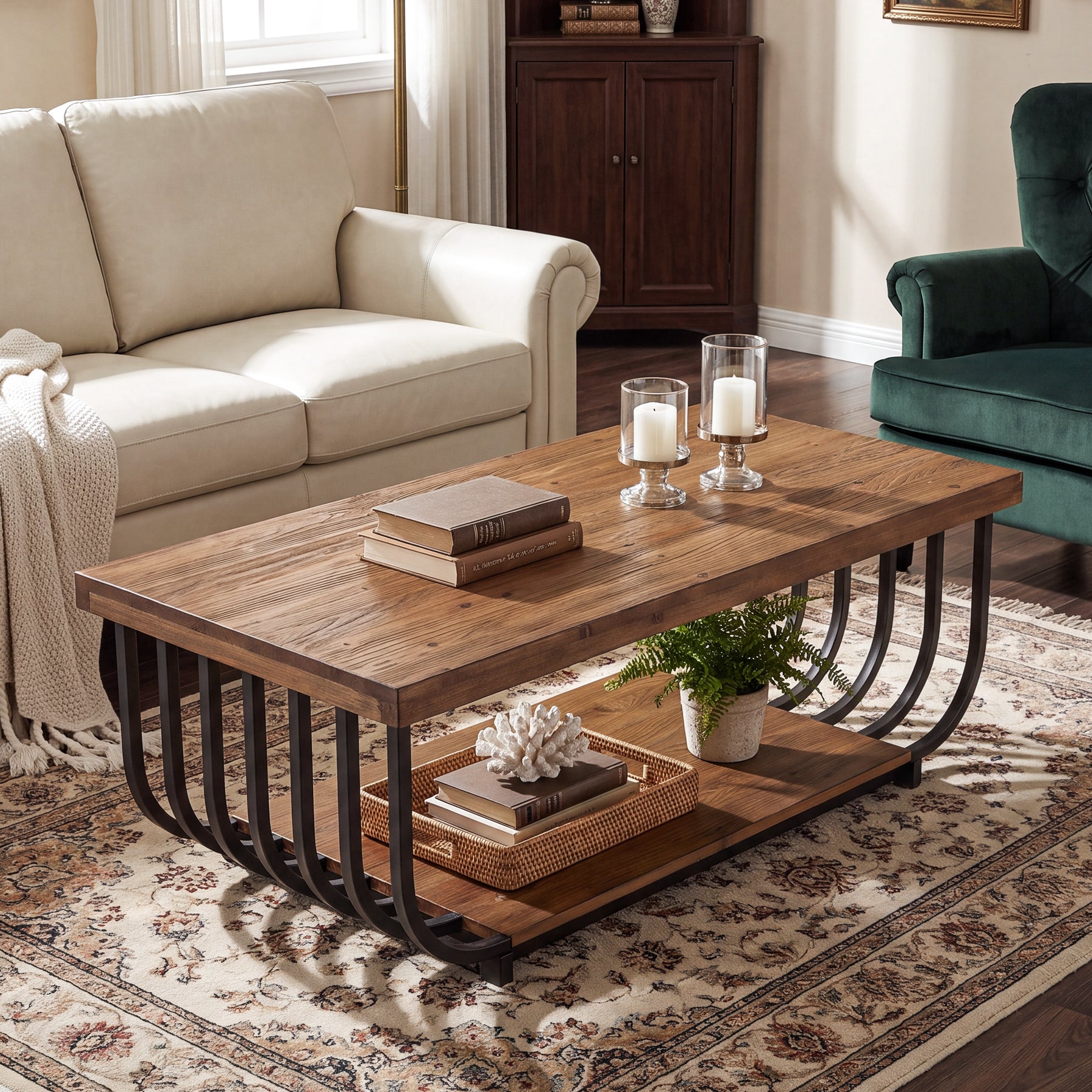Tribesigns 47-Inch Solid Wood Coffee Table with 2-Tier Storage, Rectangular Table for Living Room