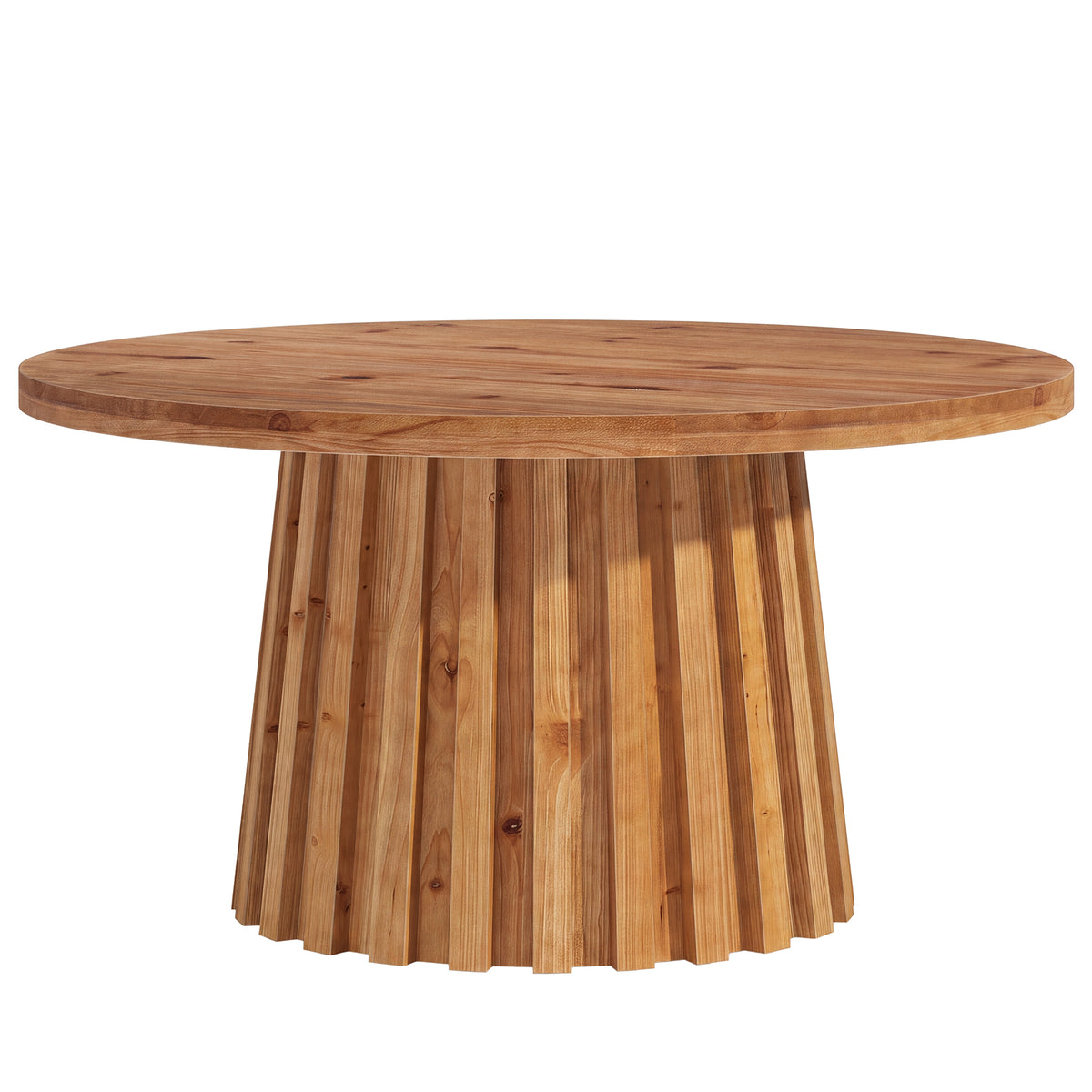 31.5 Inch Solid Wood Round Coffee Table with Fluted Drum Base, Farmhouse Accent Table for Living Room