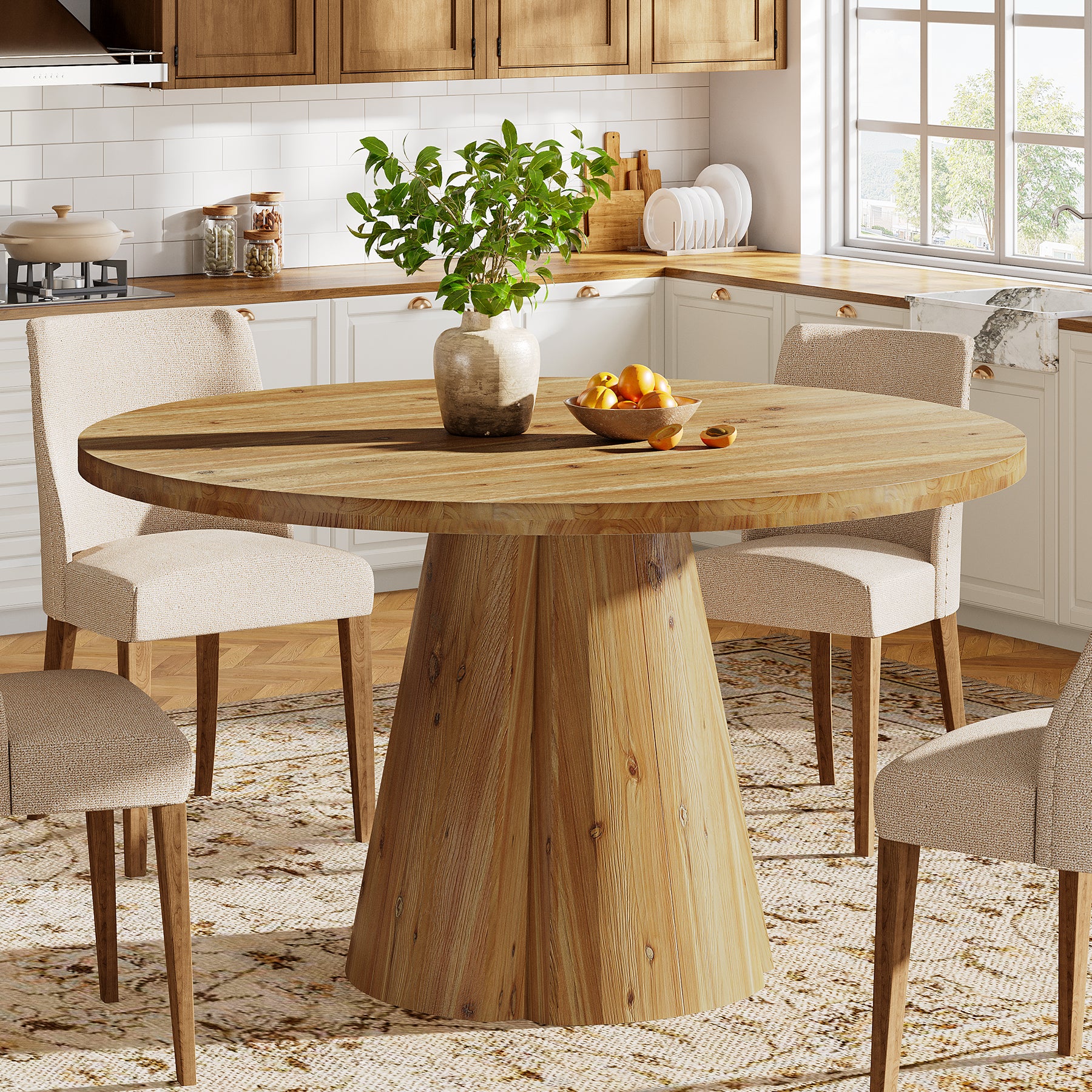 Tribesigns 47.24-Inch Solid Wood Dining Table, Farmhouse Round Kitchen Table with Pedestal Base for Dining Room