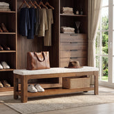 55-Inch Solid Wood Storage Bench with Faux Wool Seat, Entryway Bench for Bedroom 3