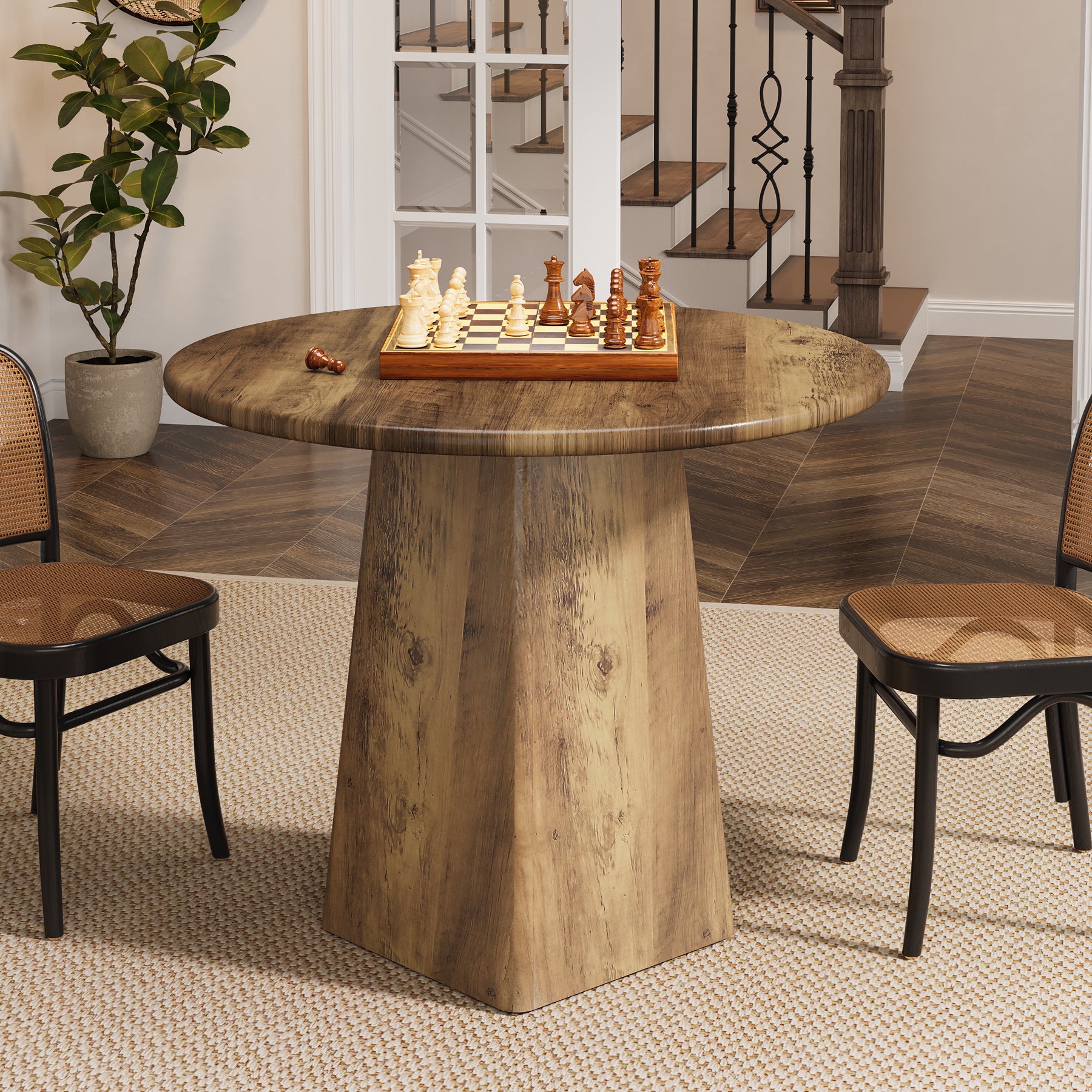 31.5" Dining Table for 4 - Round Farmhouse Kitchen Table with Square Base in Rustic Brown