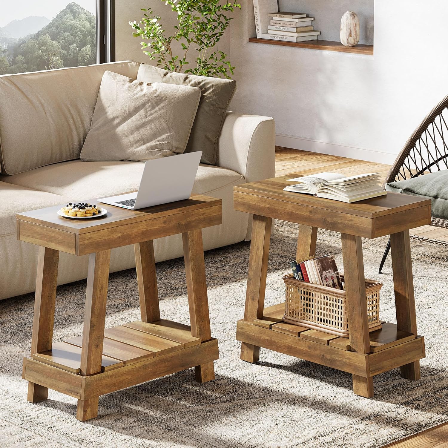 23.62" 2-Tier End Table - Farmhouse Bedside Nightstand with Storage Shelf