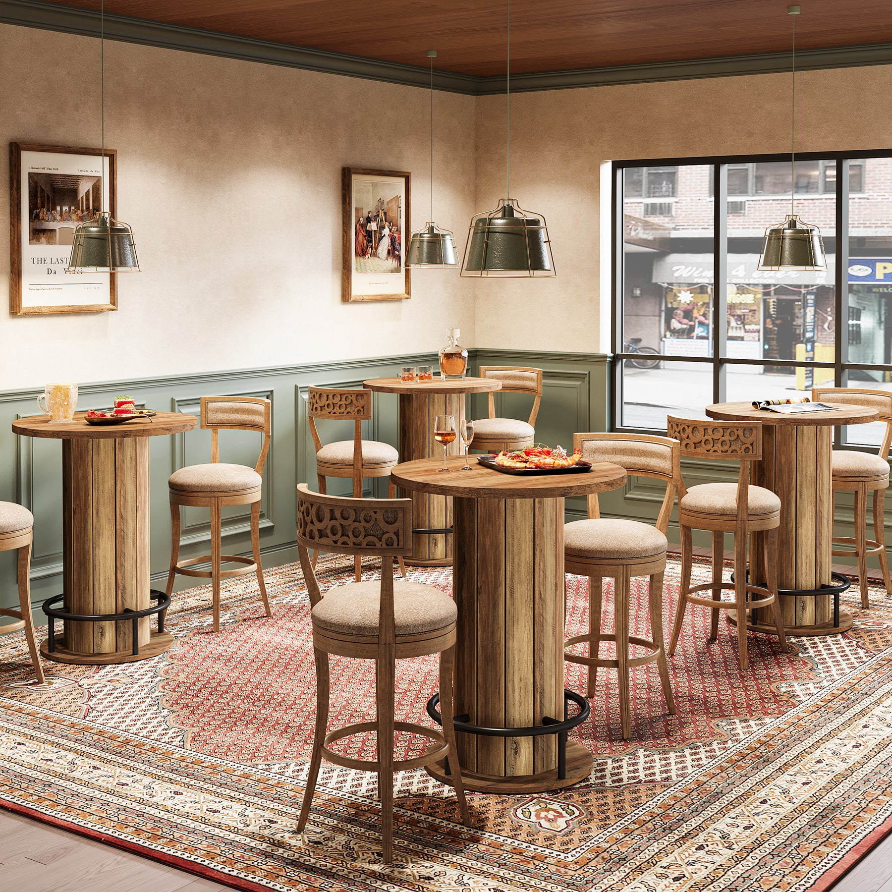 39.4" Round Wood Bar Table, Metal Ring Footrest for Dining & Living