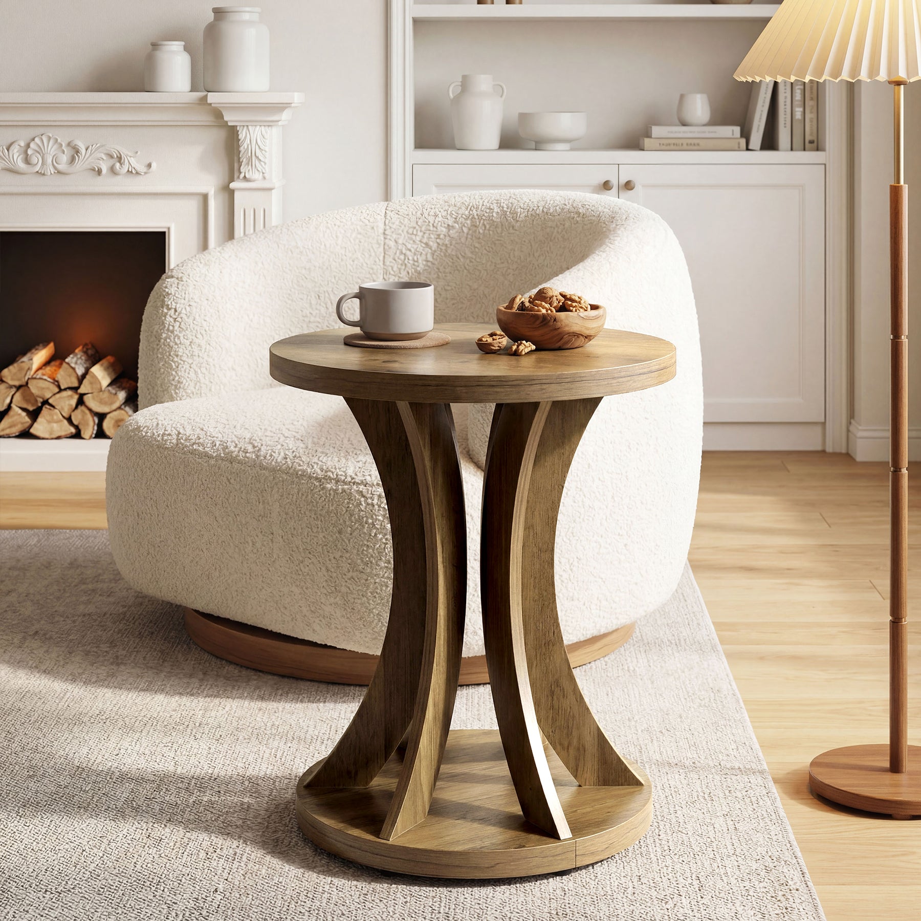 17.72 Inch Round Side Table, Farmhouse End Table with Curved Frame and Storage for Living Room
