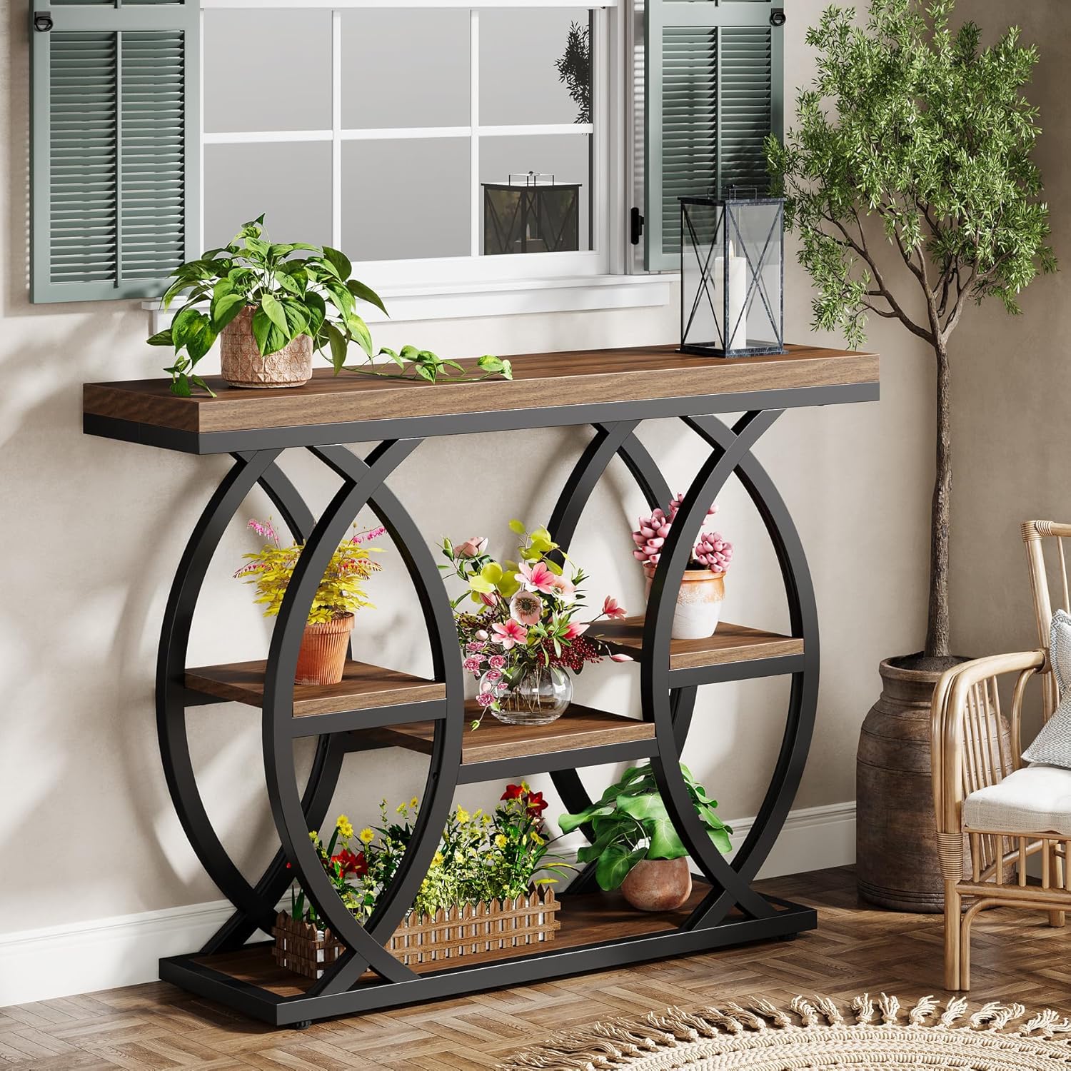 39.4" Industrial Console Table - 4-Tier Narrow Sofa Table with Metal Frame & Storage, Rustic Brown