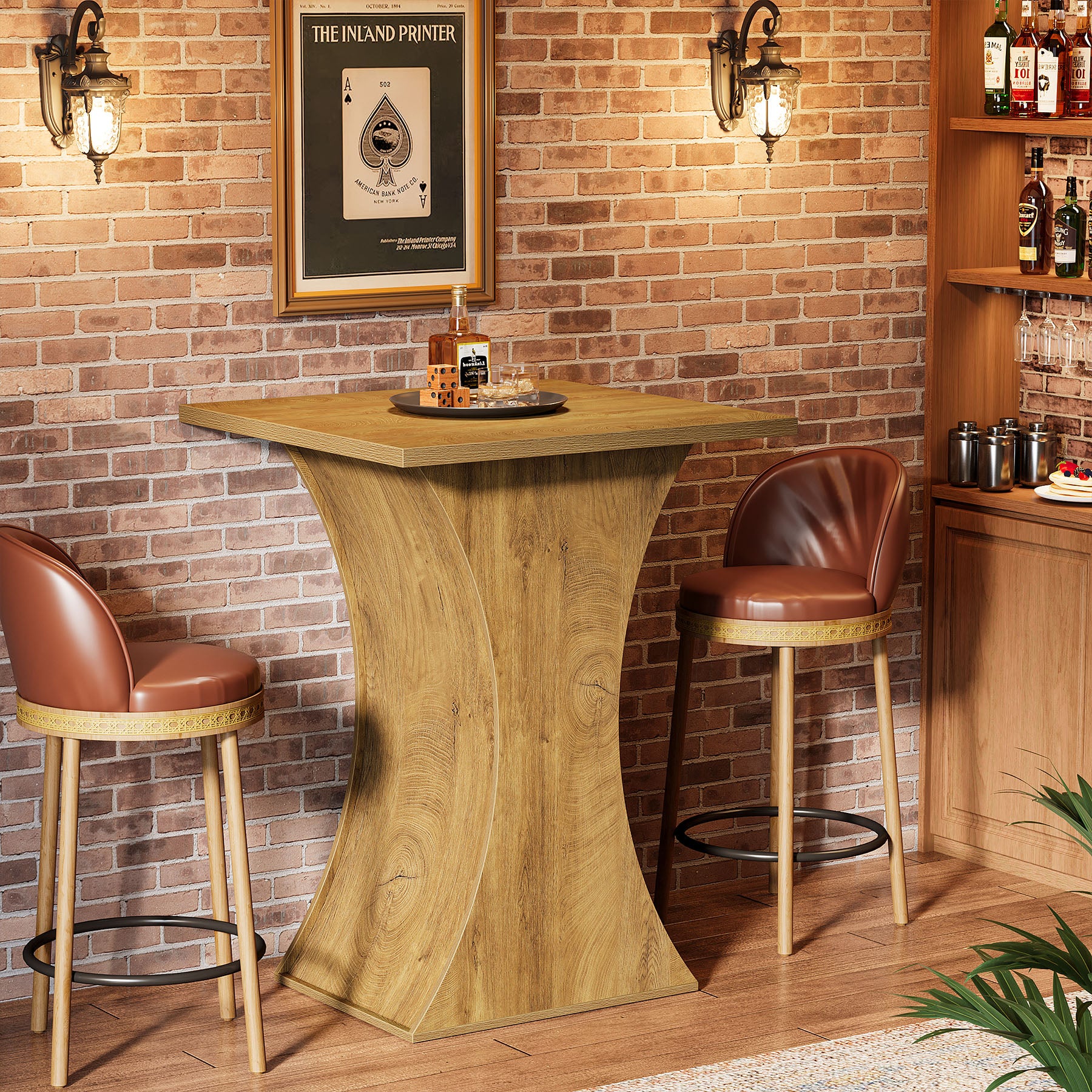 39.4 Inch Square Bar Table with Hourglass Base, Farmhouse Pub Table for Small Spaces