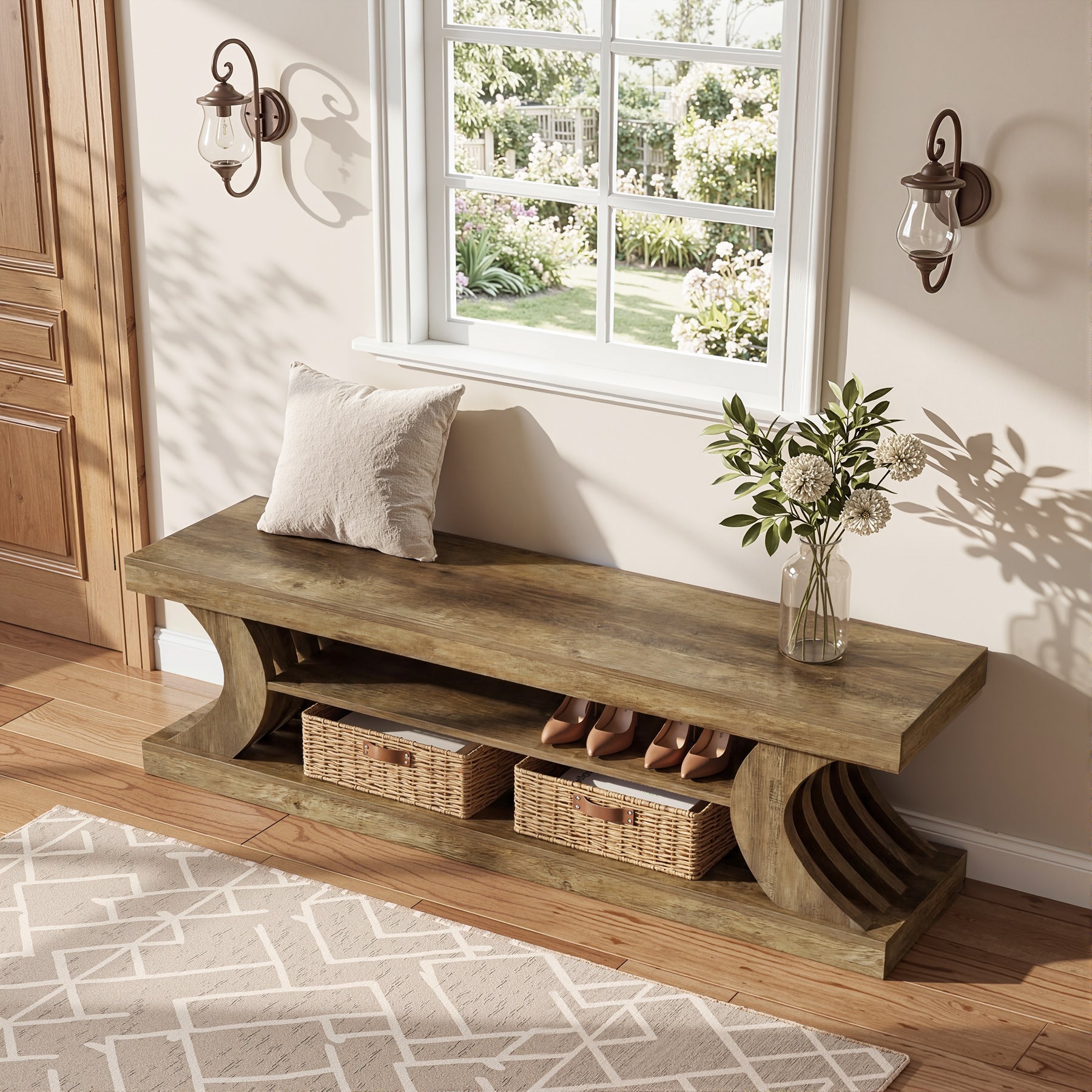 Tribesigns 63-Inch Entryway Shoe Bench with Open Storage, 3-Tier Bed Bench for Bedroom and Hallway