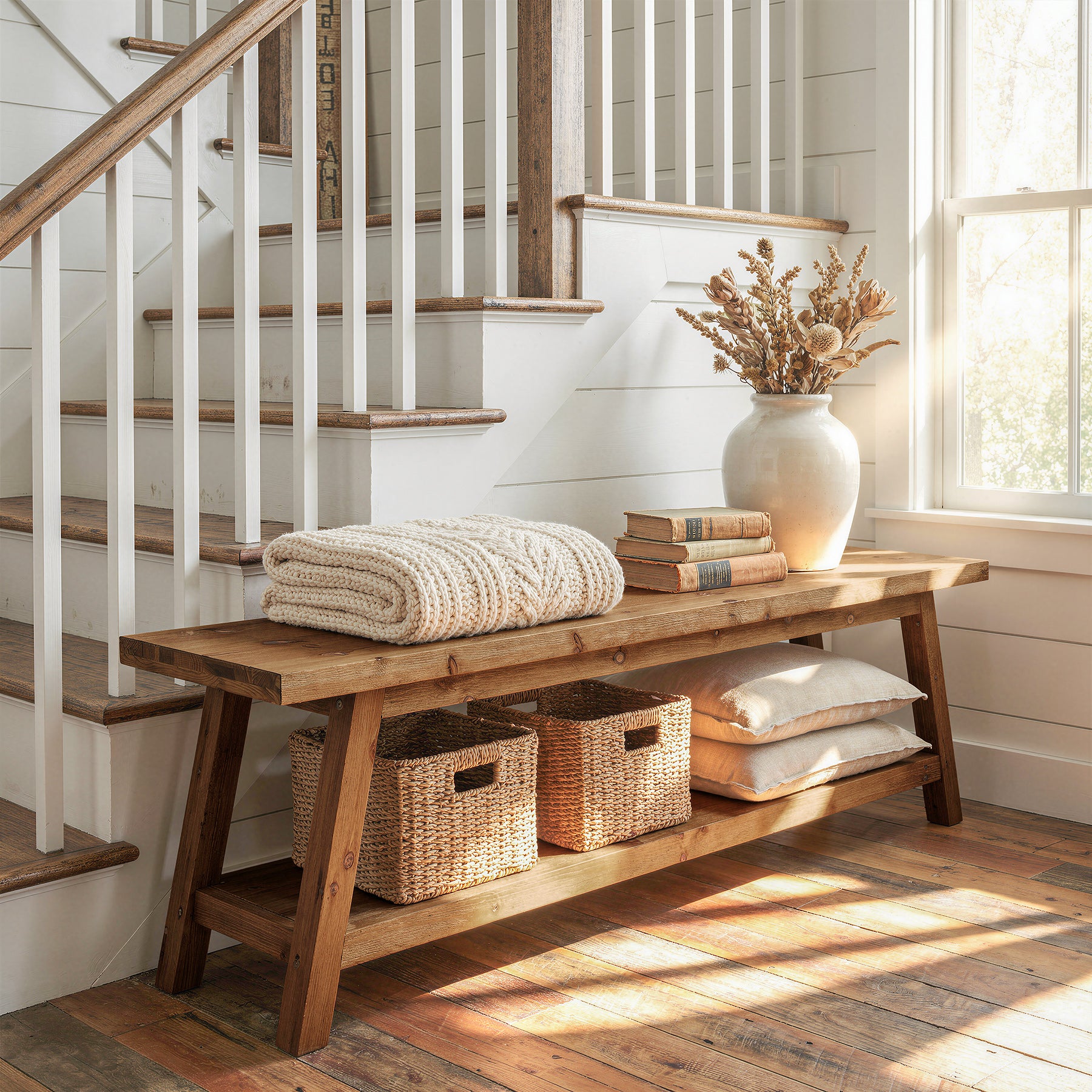 63" Solid Wood Entryway Bench with Storage Shelf, Hallway Shoe Bench for Mudroom