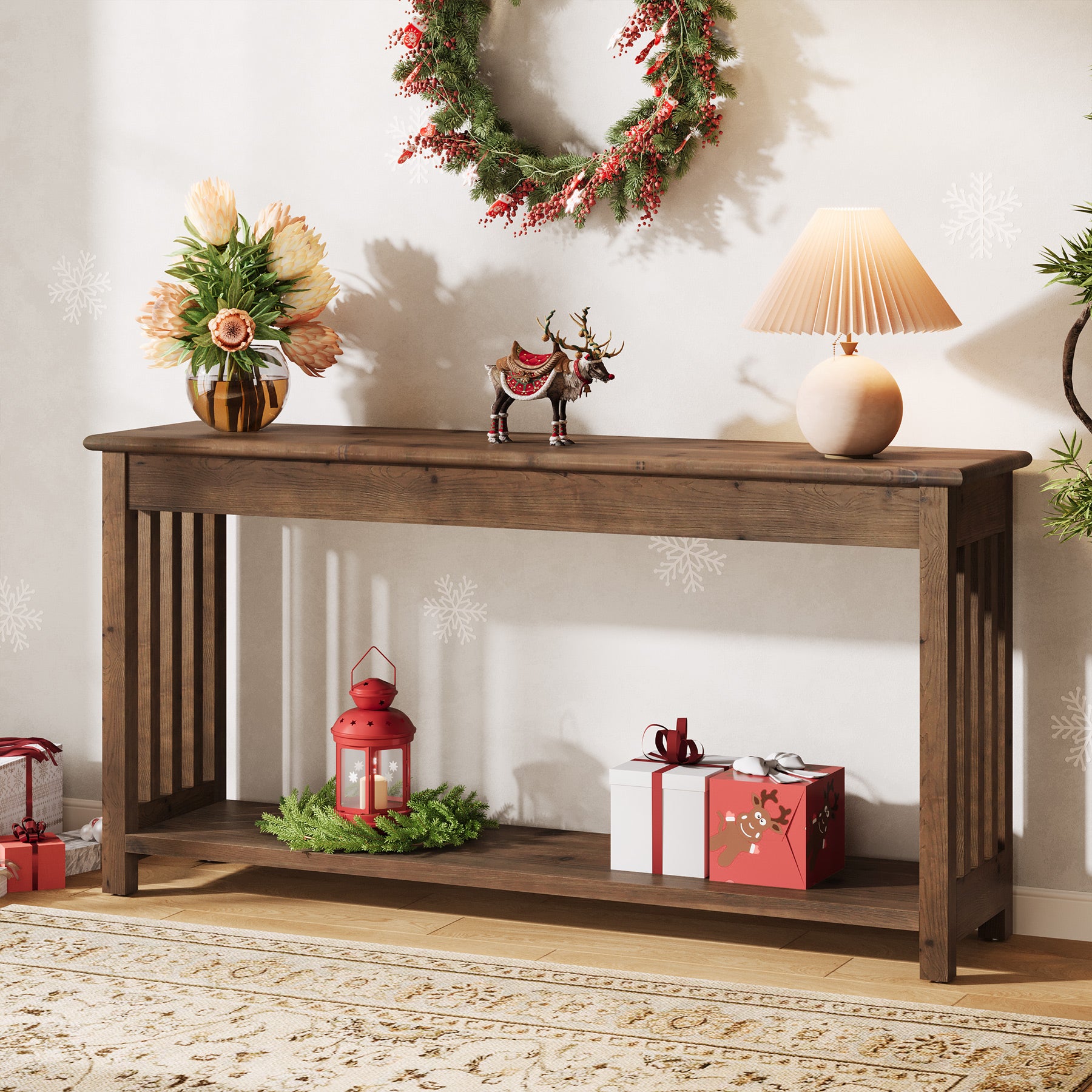 63-Inch Solid Wood Console Table, Farmhouse 2-Tier Entryway Sofa Table for Hallway