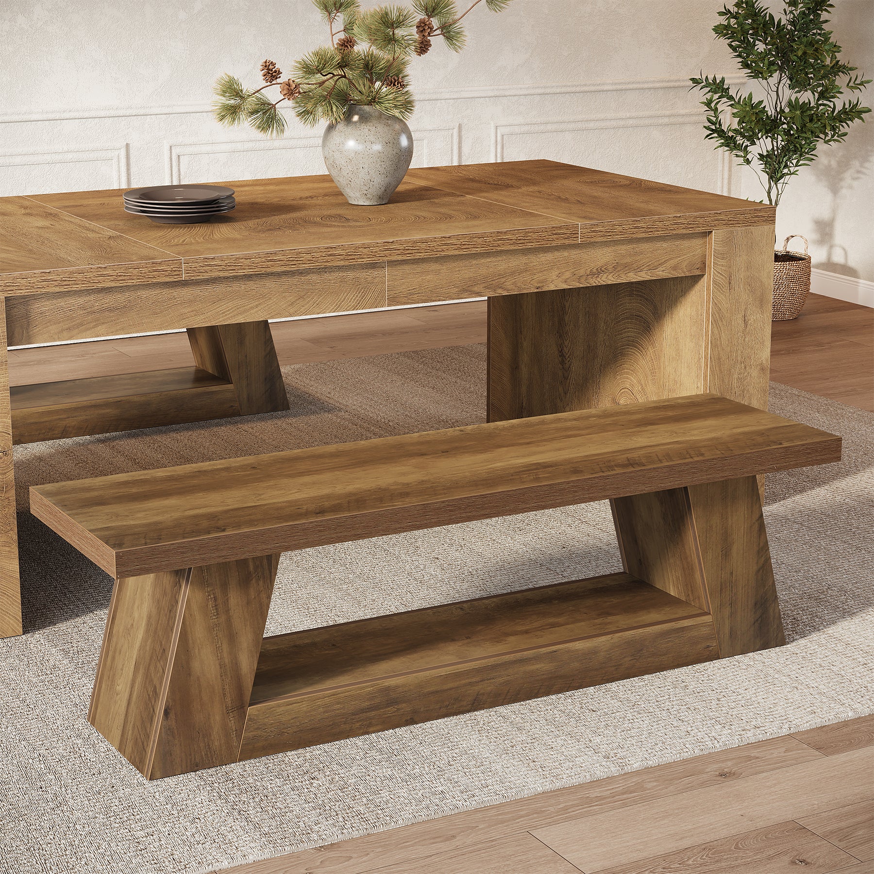 63" Wooden Entryway Bench with 2-Tier Storage, Rustic Long Bench for Hallway Living Room Bedroom