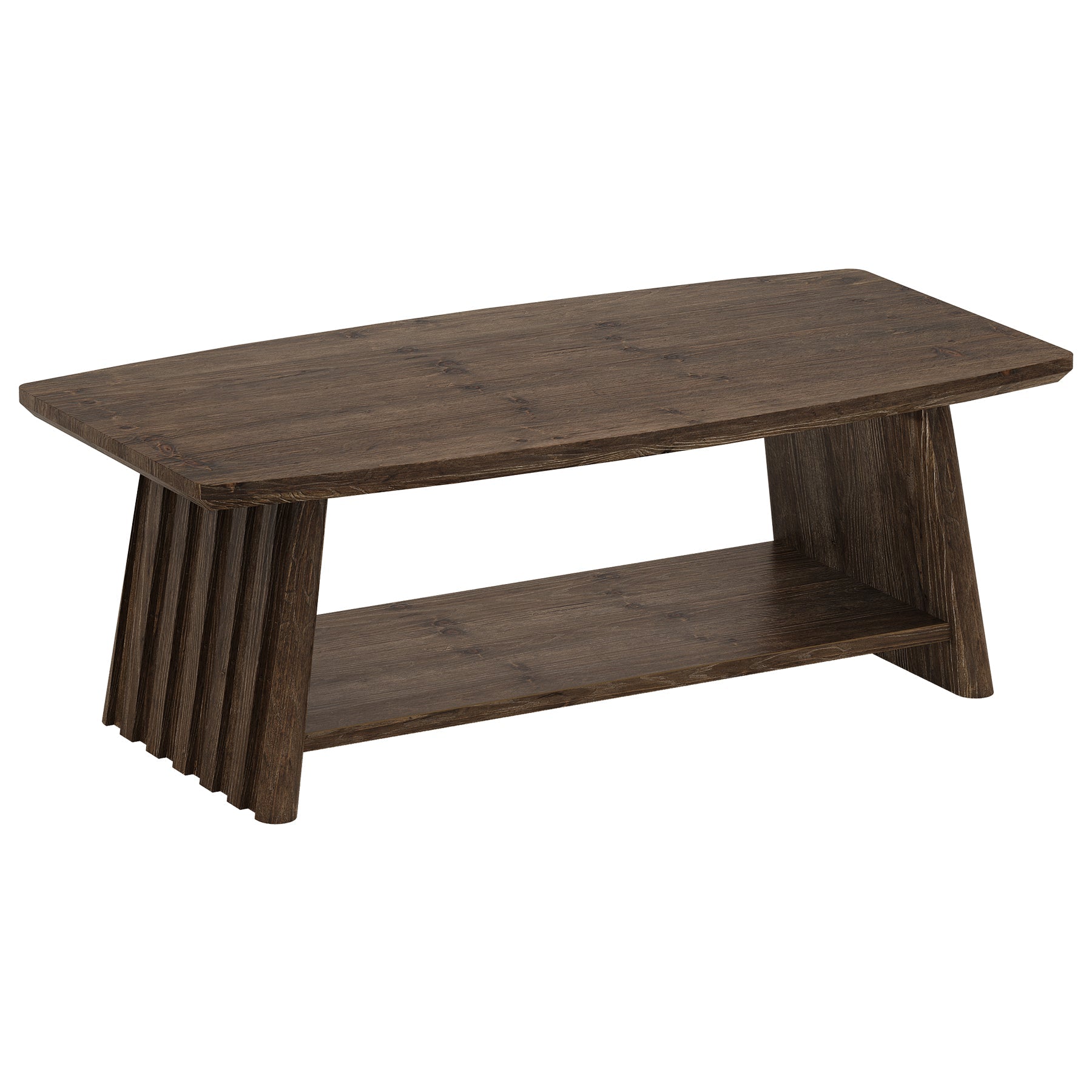 47-Inch Farmhouse Fluted Coffee Table, 2-Tier Storage Table in Dark Brown