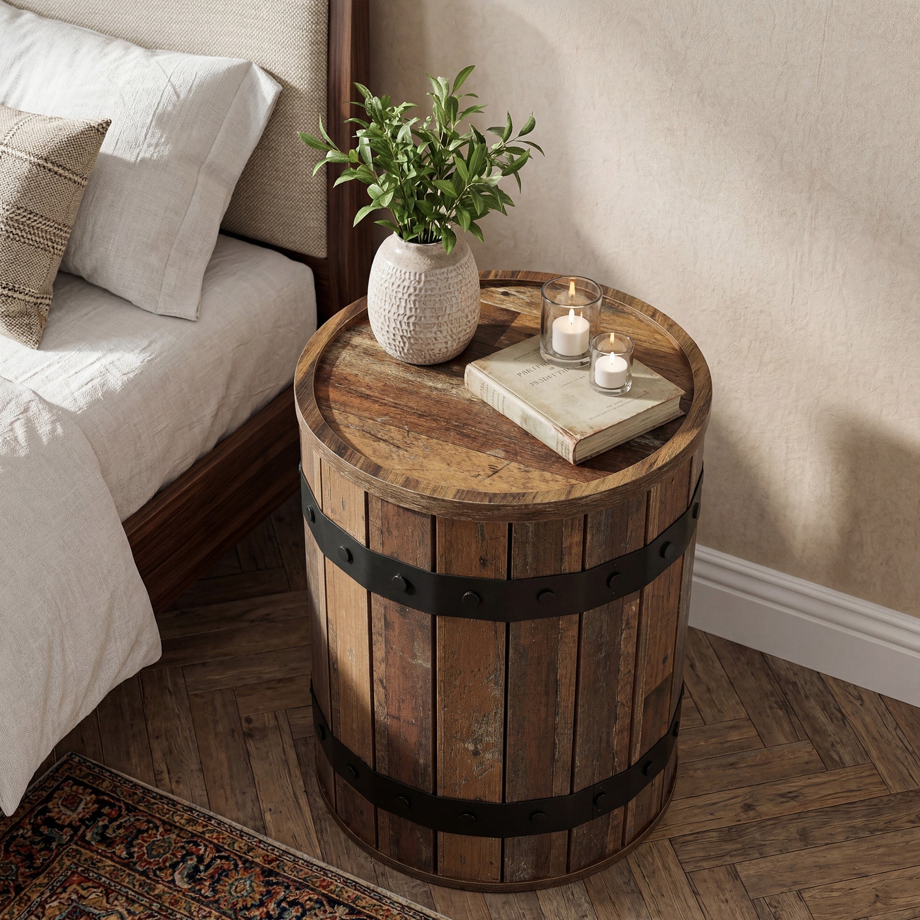 19.68-Inch Barrel Side Table with Hidden Storage, Farmhouse Round End Table with Removable Lid