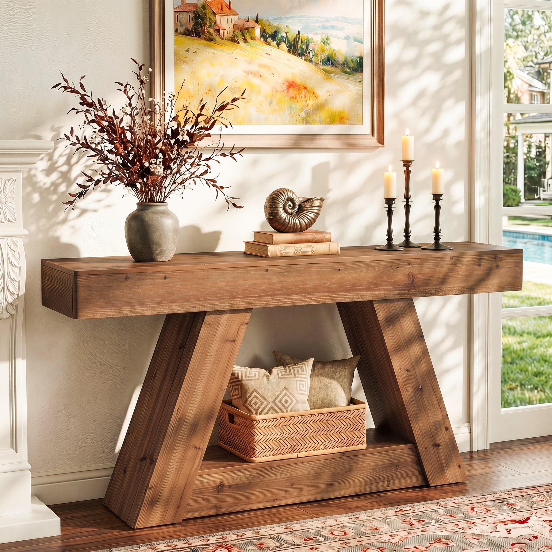63-Inch Solid Wood Console Table with 2-Tier Storage, Farmhouse Sofa Table for Hallway