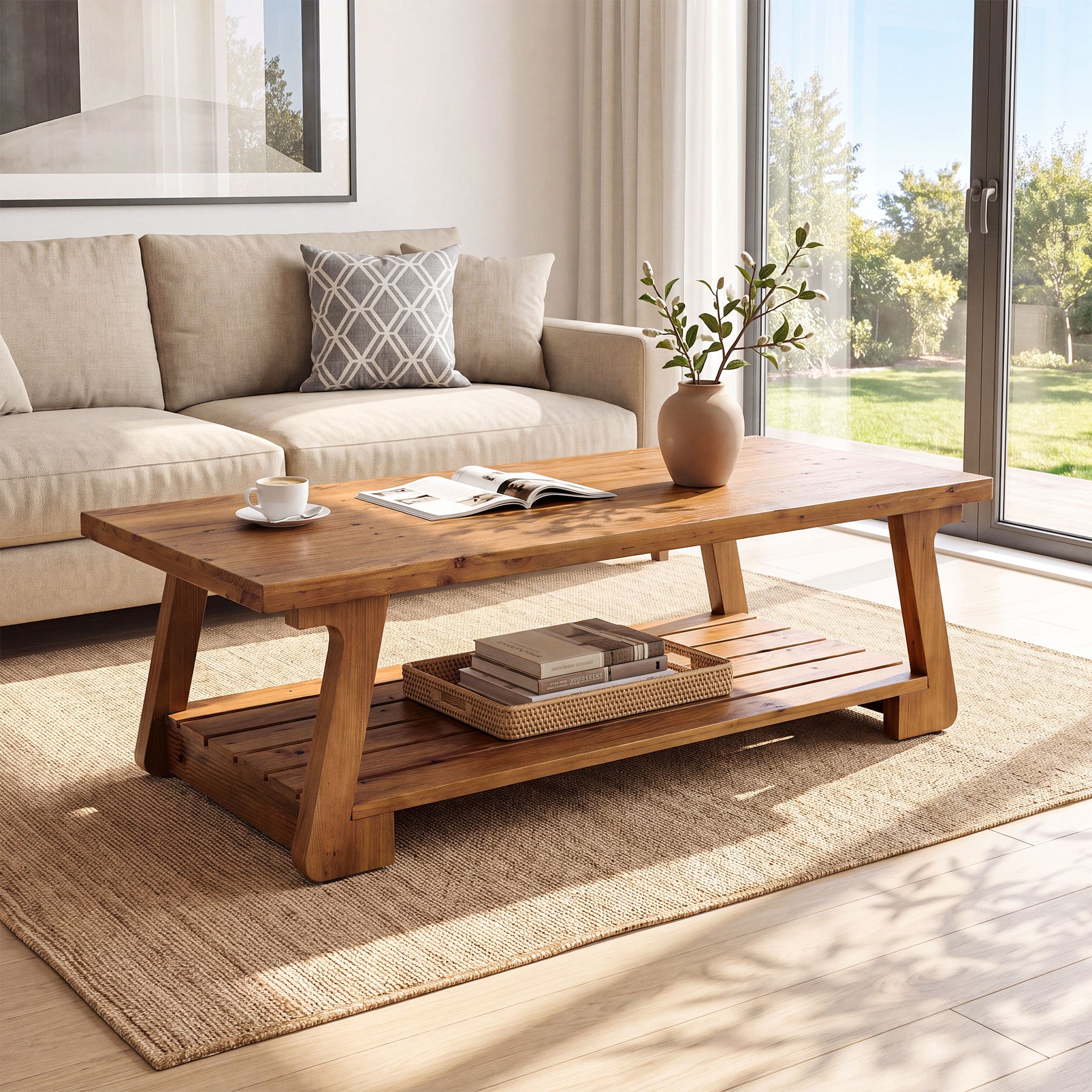 Tribesigns 55-Inch Solid Wood Coffee Table, 2-Tier Storage Shelf Farmhouse Table for Living Room