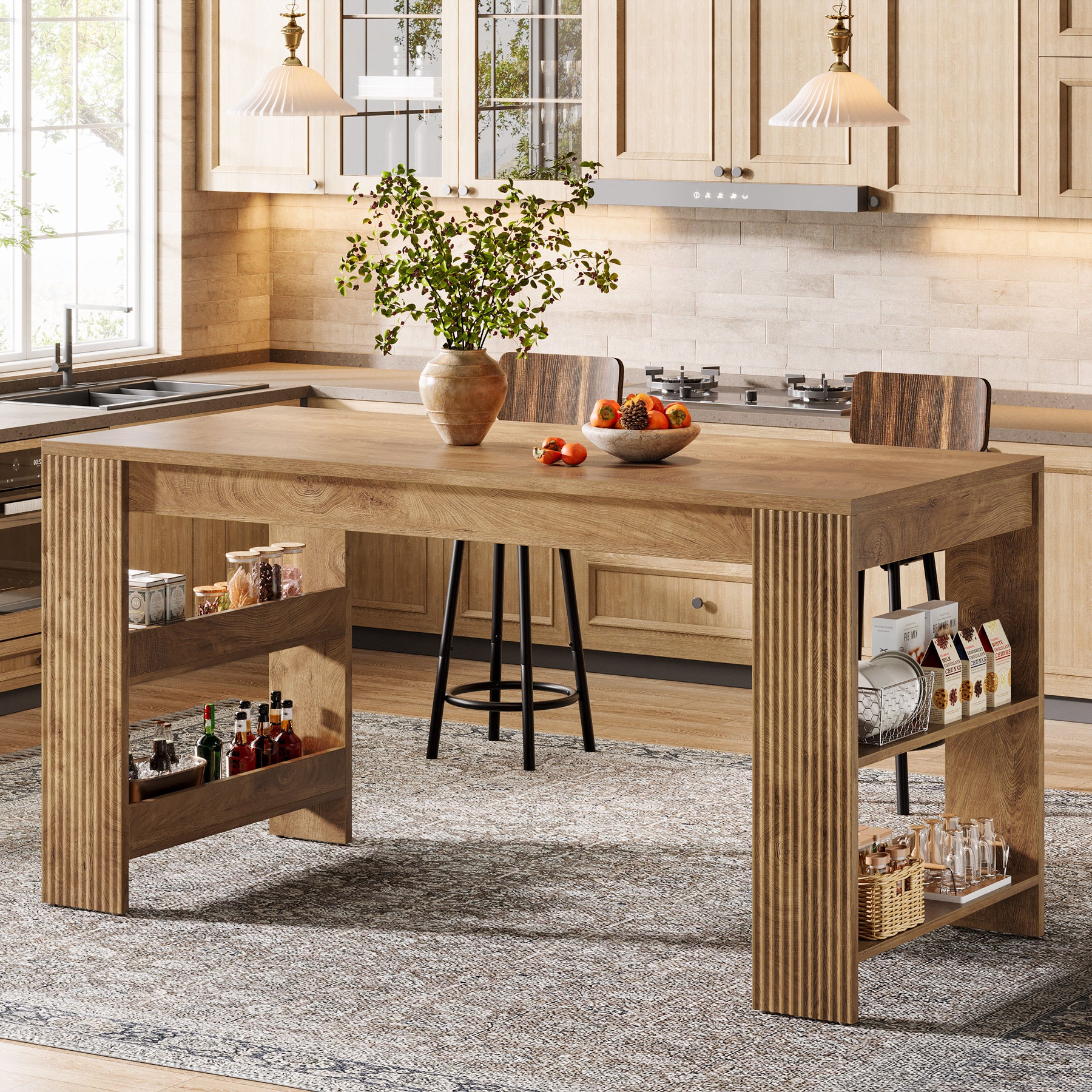 63 Inch Farmhouse Bar Table with Storage Shelves, Counter Height Pub Table for Kitchen