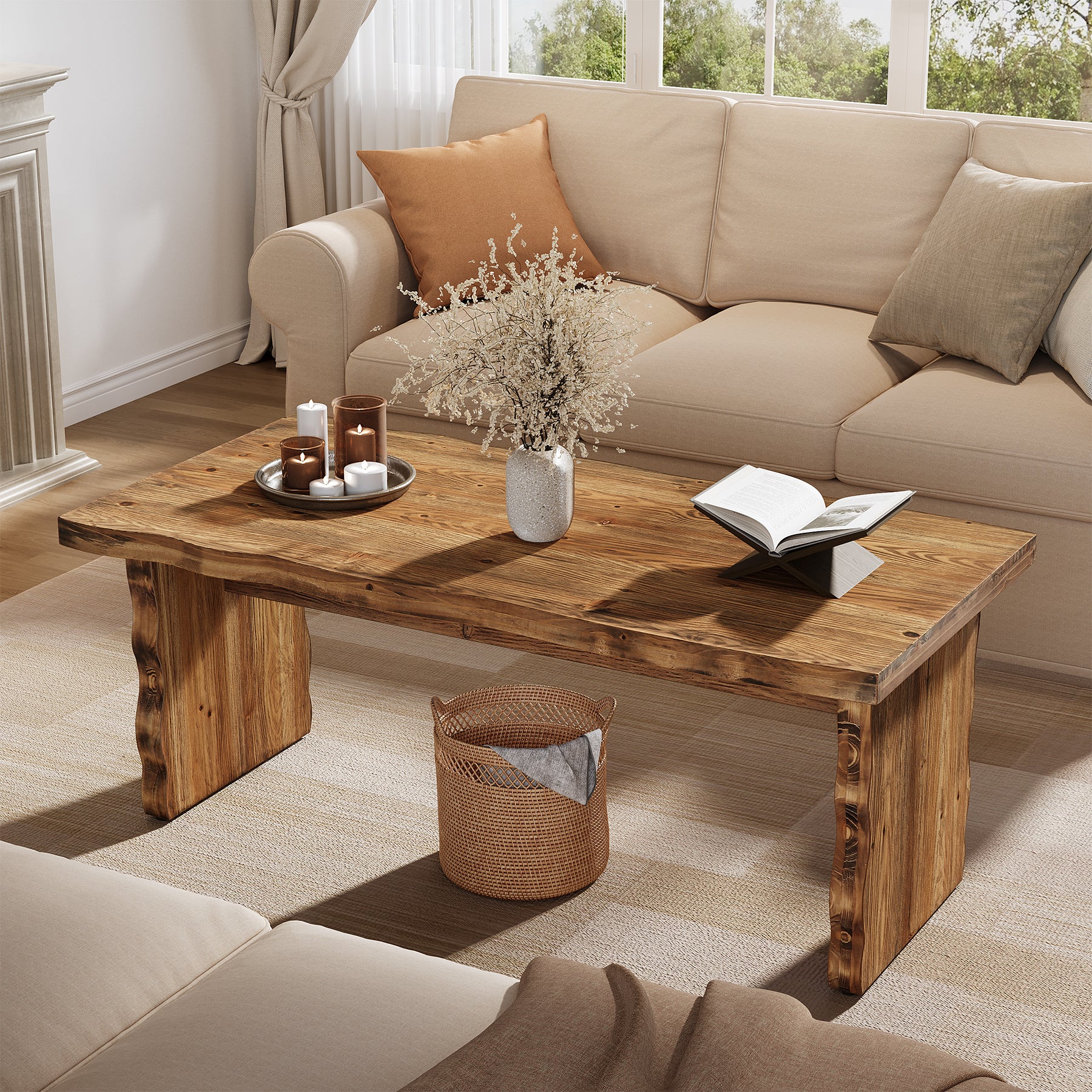 47 Inch Solid Wood Coffee Table, Farmhouse Rectangular Center Table with Natural Wave Edge