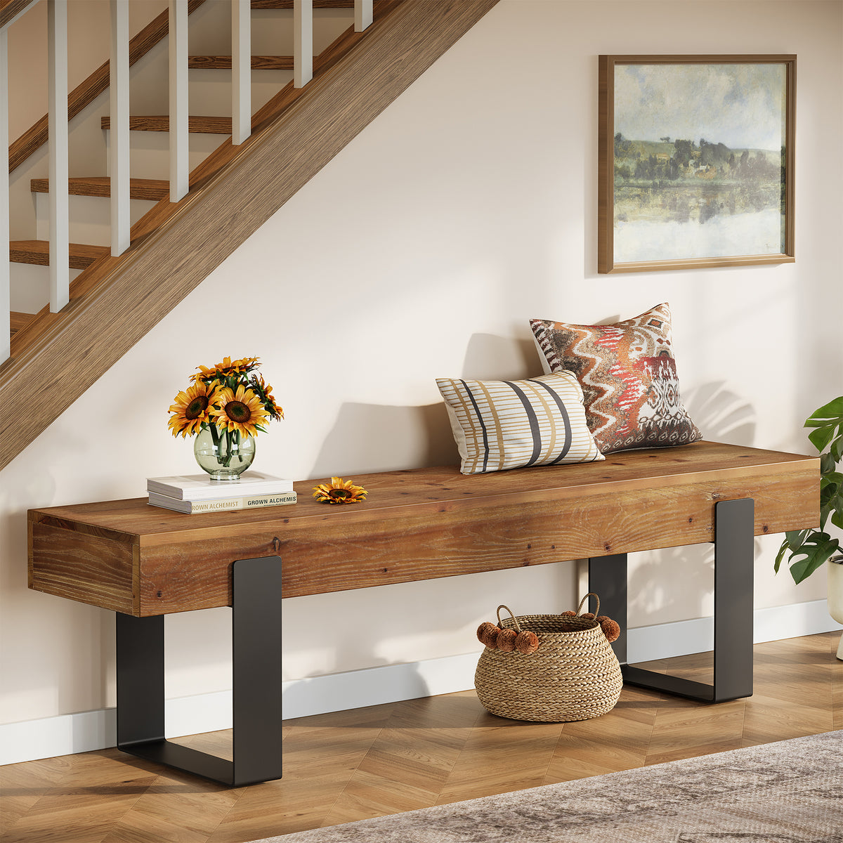 Tribesigns 63-Inch Solid Wood Entryway Bench, Farmhouse Shoe Bench with Metal Legs for Hallway
