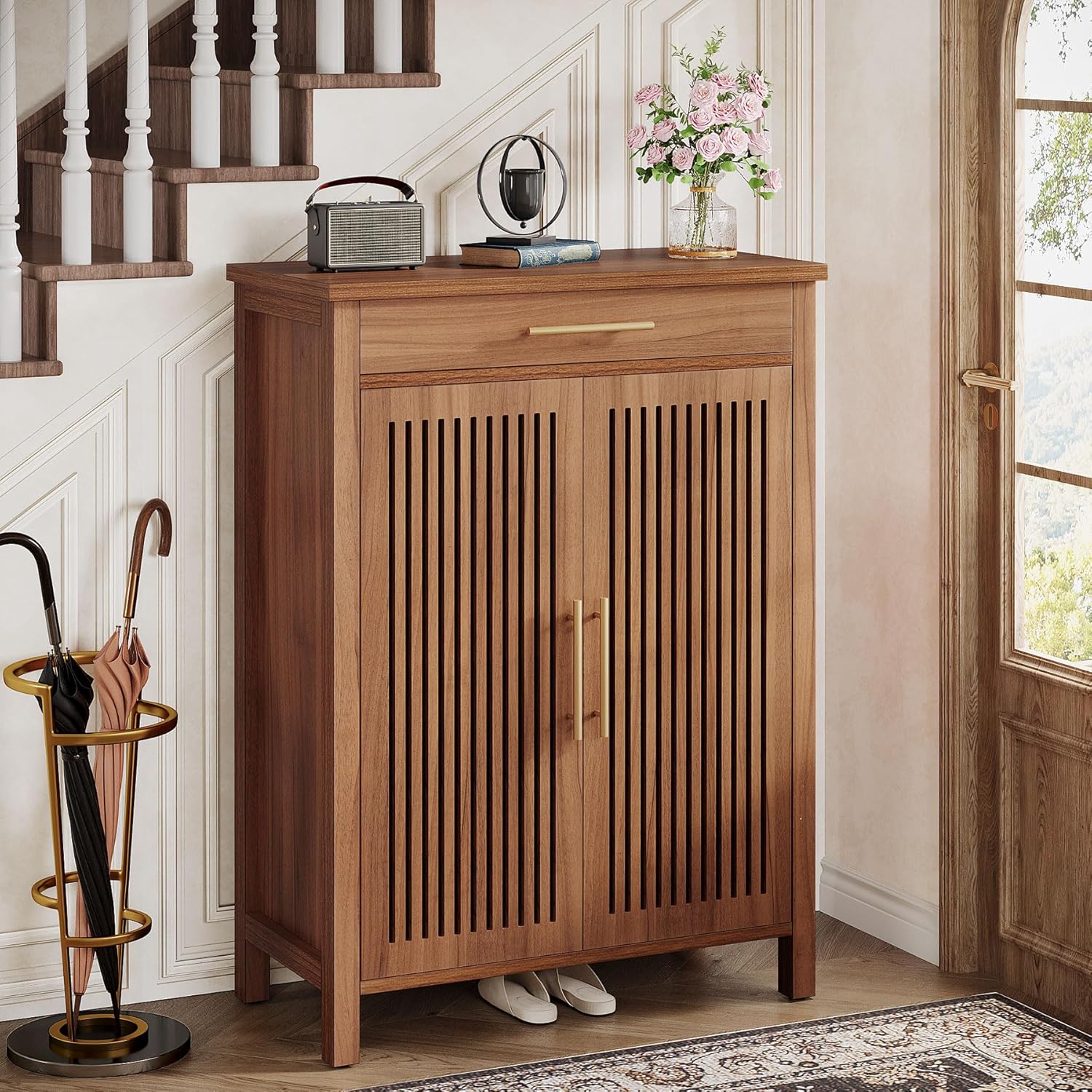 55" 5-Tier Shoe Cabinet - Louvered Door Storage Organizer with Drawer Shelves, Brown
