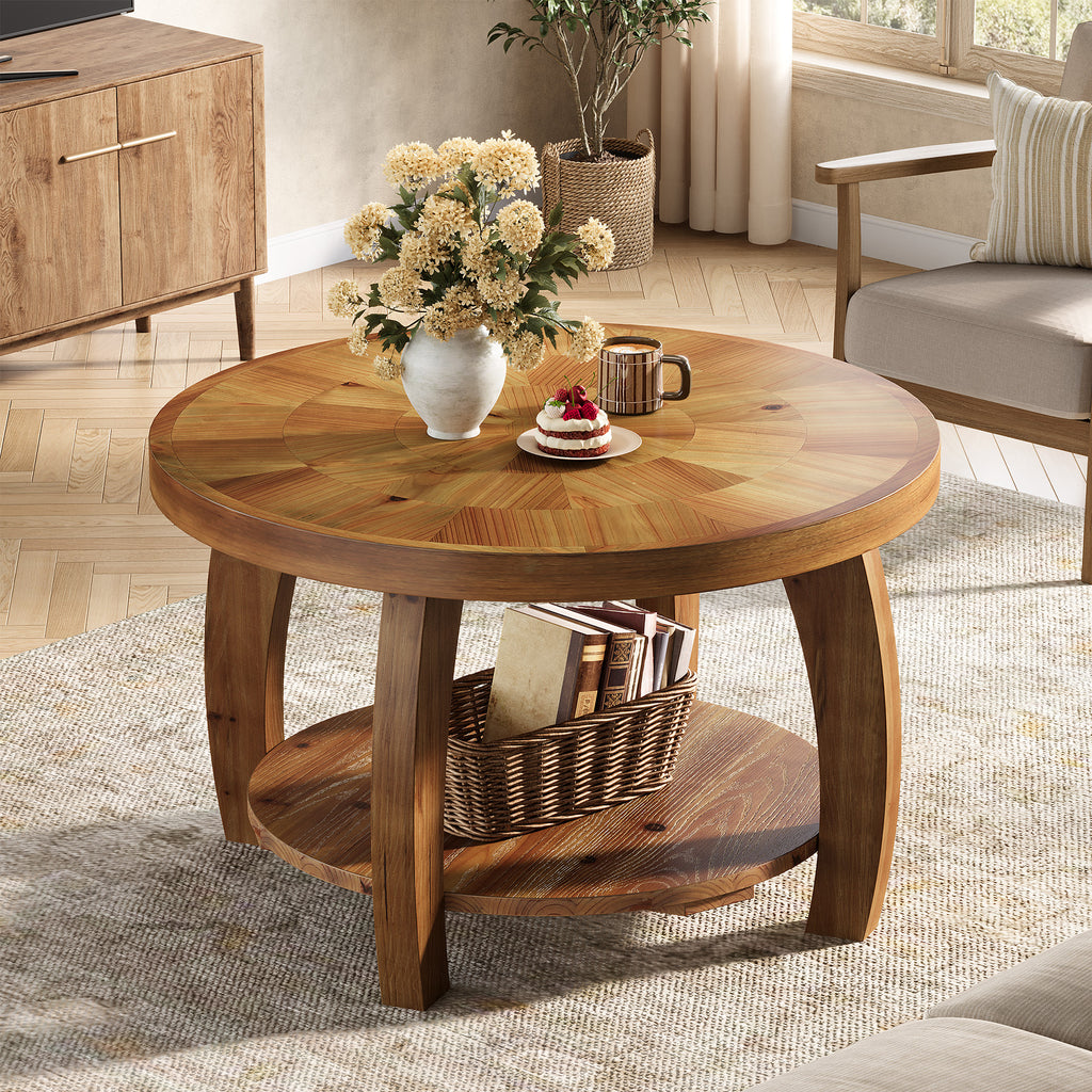 31.5 Inch Solid Wood Round Coffee Table 2 Tier Center Table Mosaic Pattern Storage