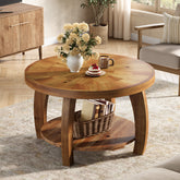31.5-Inch Solid Wood Round Coffee Table, 2-Tier Center Table with Mosaic Pattern and Storage 3